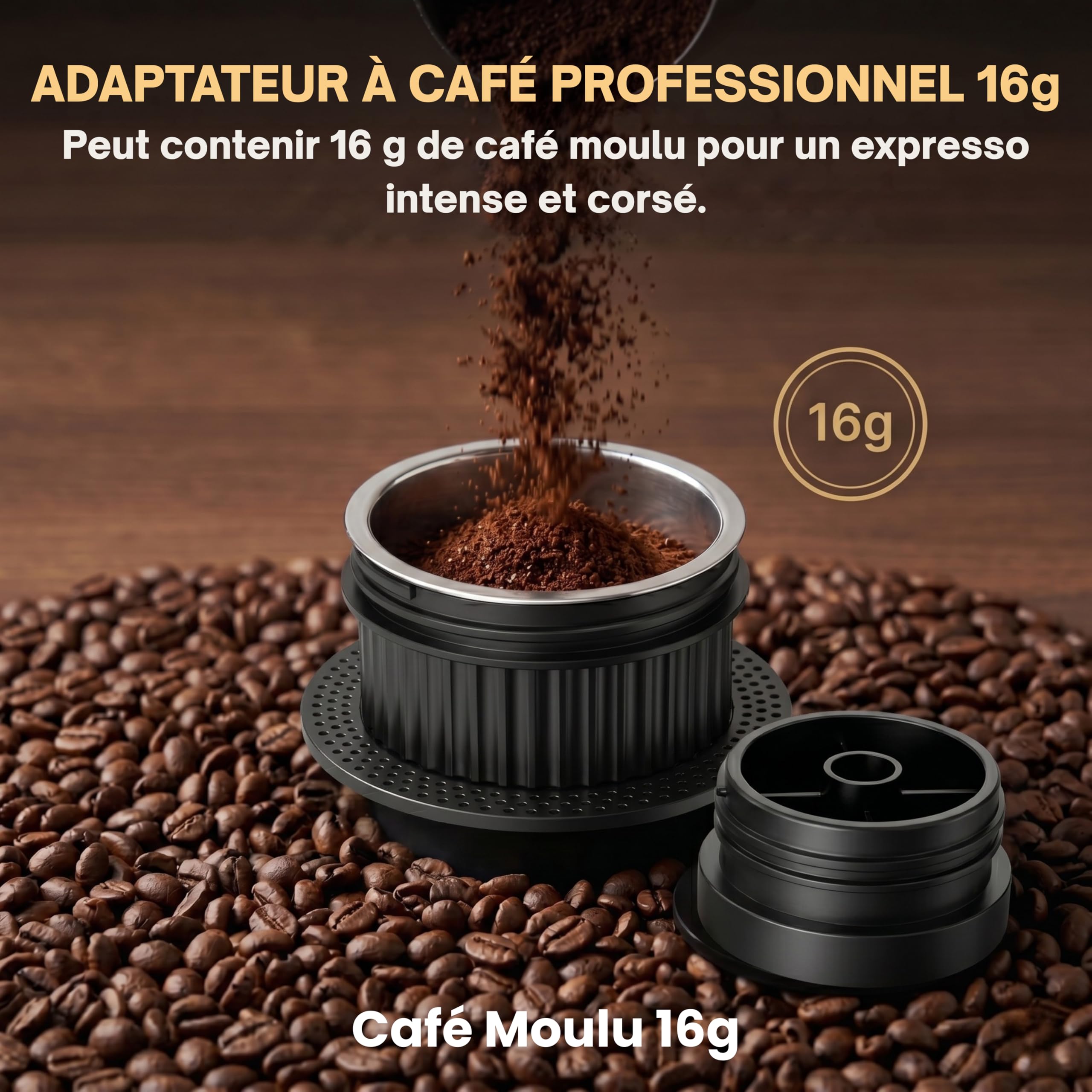 Machine à Café Portable Électrique 20 Bar Auto-Chauffante – 3 EN 1 Compatible Capsules NES®, DG® et Café Moulu – 2 Adaptateurs Café Moulu 8g et 16g – LED – USB-C (GRIS, + sac et support)