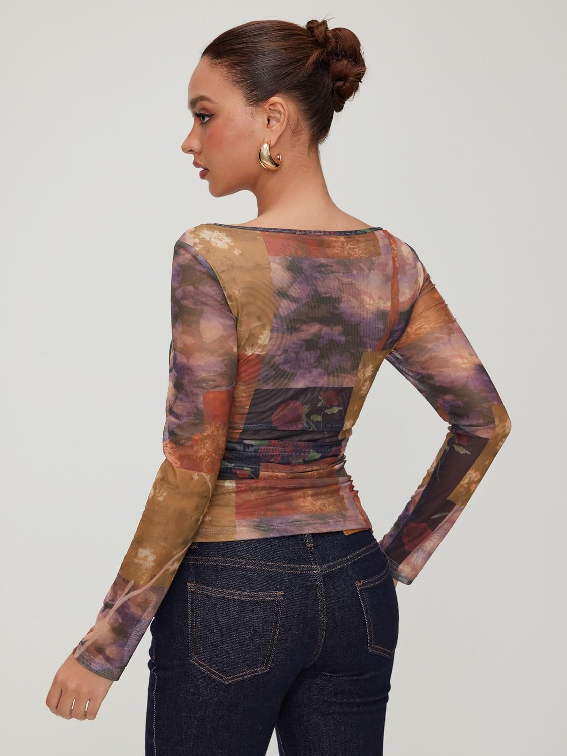 CIDER Women's Tops Vintage Floral Print Boat Neck Casual Fitted Tee Shirts Long Sleeve Tops Lightweight Mesh Tops - Image 4