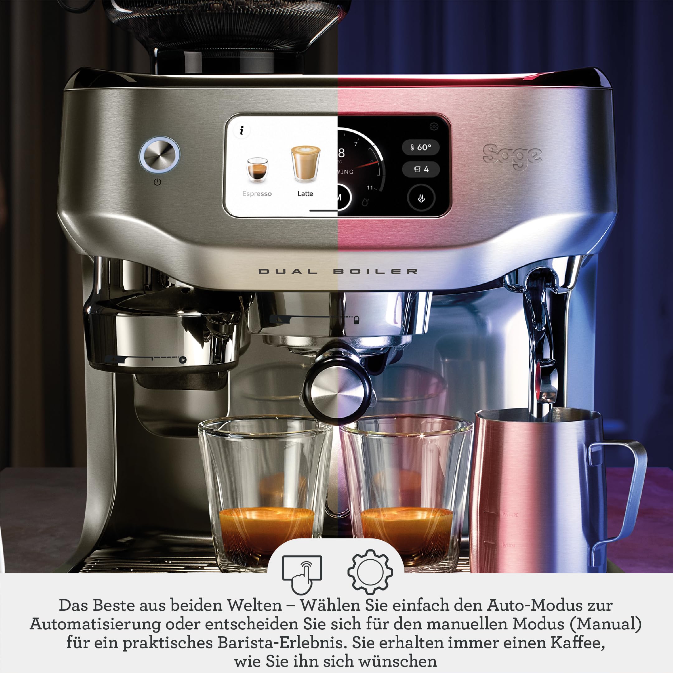 Sage The Oracle Dual Boiler Kaffeemaschine mit manuellem & automatischem Milchaufschäumer 45 Mahlgradeinstellungen 16 Programme Espresso Cappuccino Flat White Schwarz