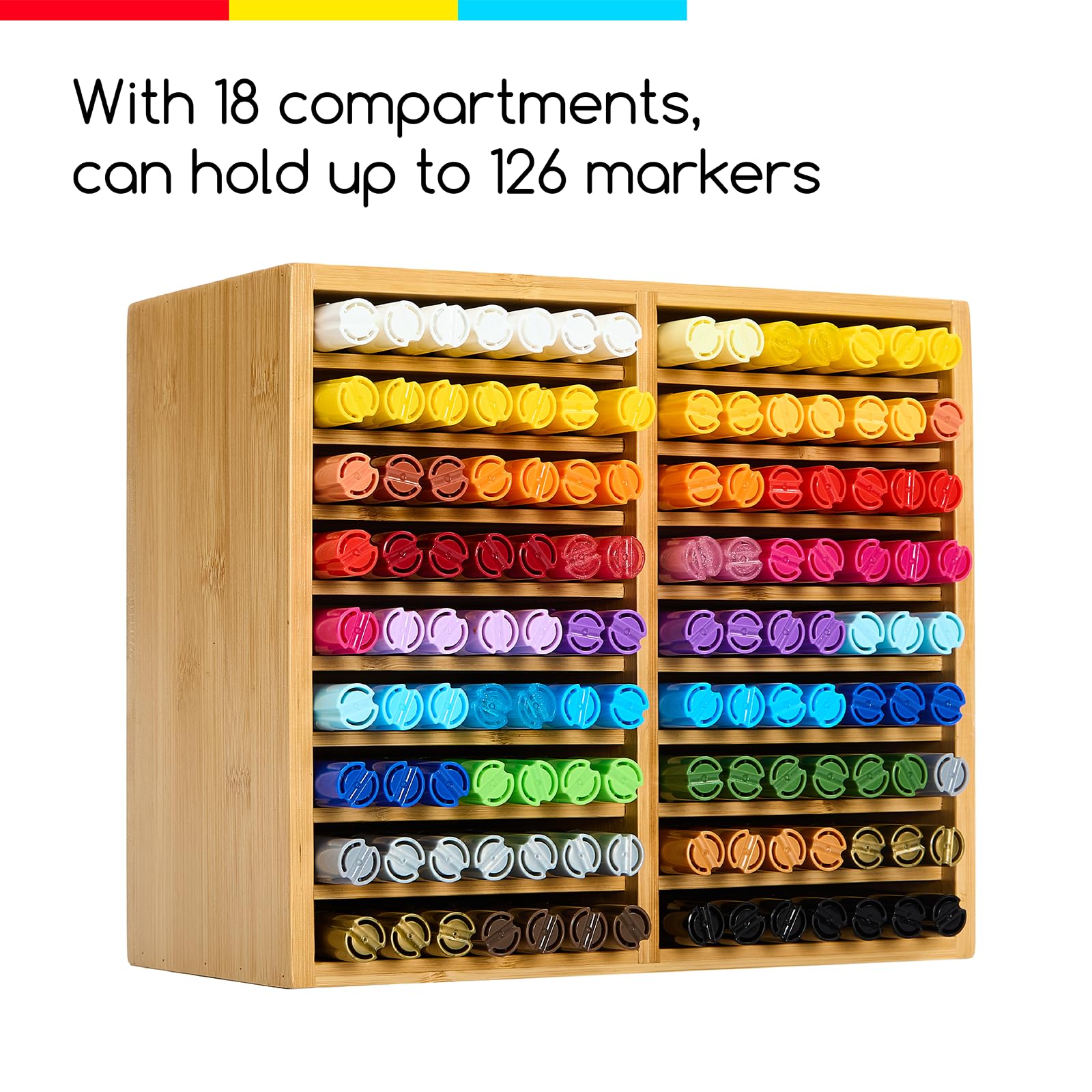 MEEDEN Organizer per pennarelli in bambù: contiene 126 penne con 18 scomparti: contenitore per forniture artistiche e supporto per pennarelli ad alcool, penne, matite