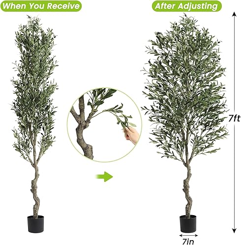 Miniatura 4 de VIAGDO Árbol de olivo artificial para interiores de 7 pies de alto, árbol de seda de olivo artificial con maceta, ramas grandes de olivo sintético y