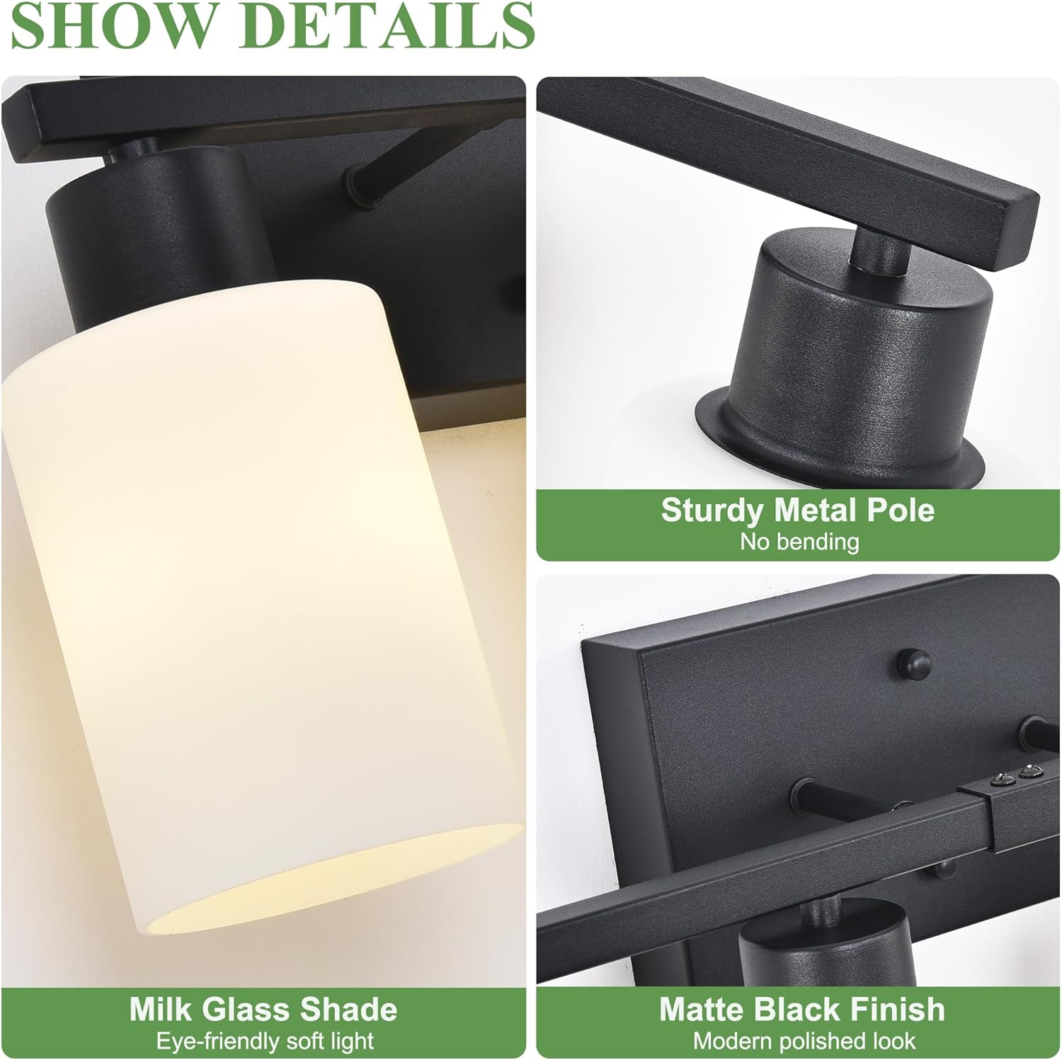 Modern 4-Light Vanity Light Over Mirror, Black Bathroom Light Fixtures, Wall Sconces with Milky White Frosted Glass Shades, E26 Socket (Bulbs Not Included) (Black, 4-Light)