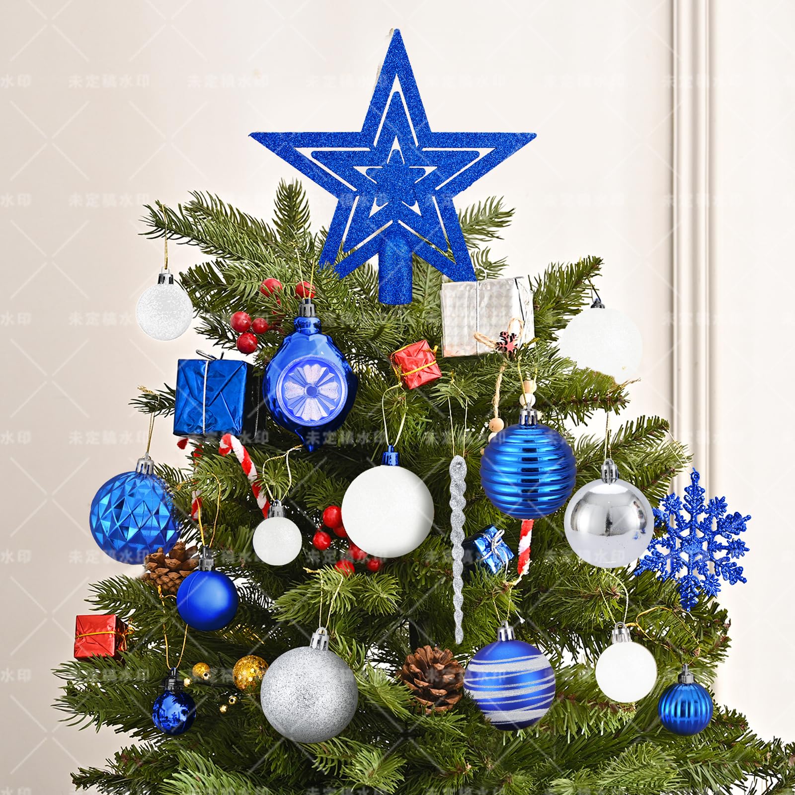 Juego de 100 bolas para árbol de Navidad con decoración, azul, plateado y blanco, inastillables, para colgar en el árbol de Navidad
