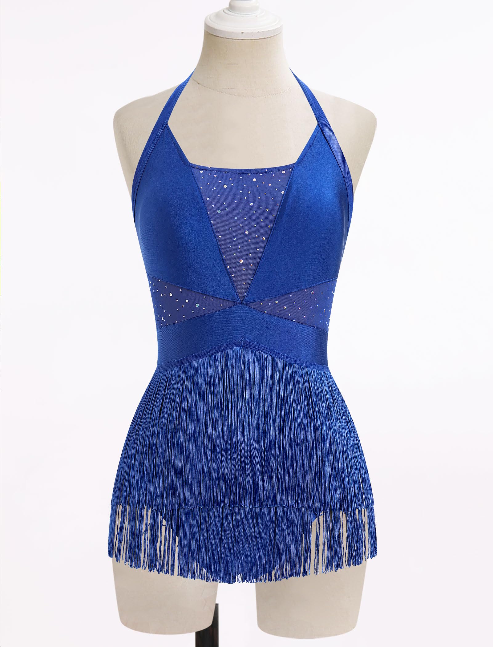 Disfraz de danza latina con lentejuelas con flecos para mujer, con borla brillante, camiseta de danza, soporte para cuello, tangos latinos, salsa, jazz, acrobacias