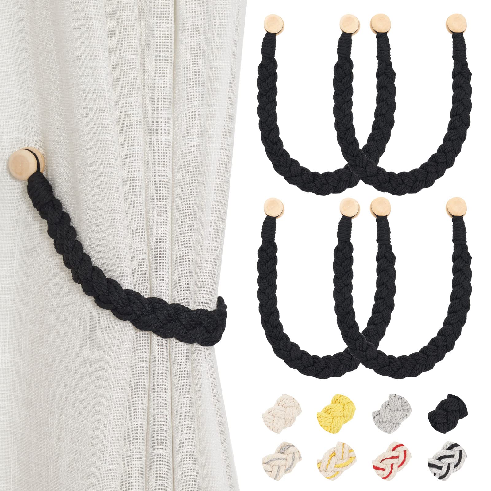 Pretty Jolly 4 Pack Wood Strong Magnetic Curtain Tiebacks Boho Style Decorative Drape Tie Backs Natural Cotton Hand-Woven Soft Rope Curtain Holdbacks for Home & Office Draperies Decor (New Black)