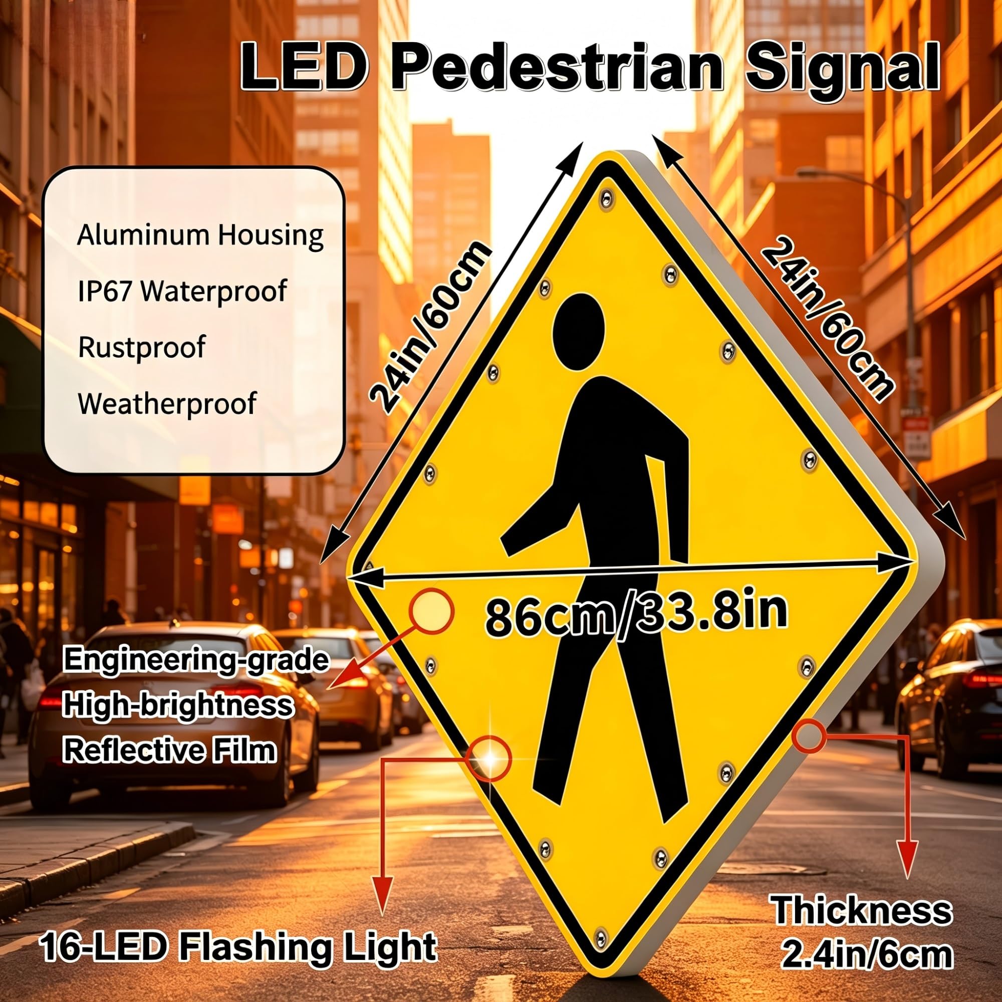 Señal de cruce de peatones LED con energía solar de 24"/30", advertencia de cruce de peatones intermitente con carcasa de aluminio resistente, IP65 a prueba de agua(24in)