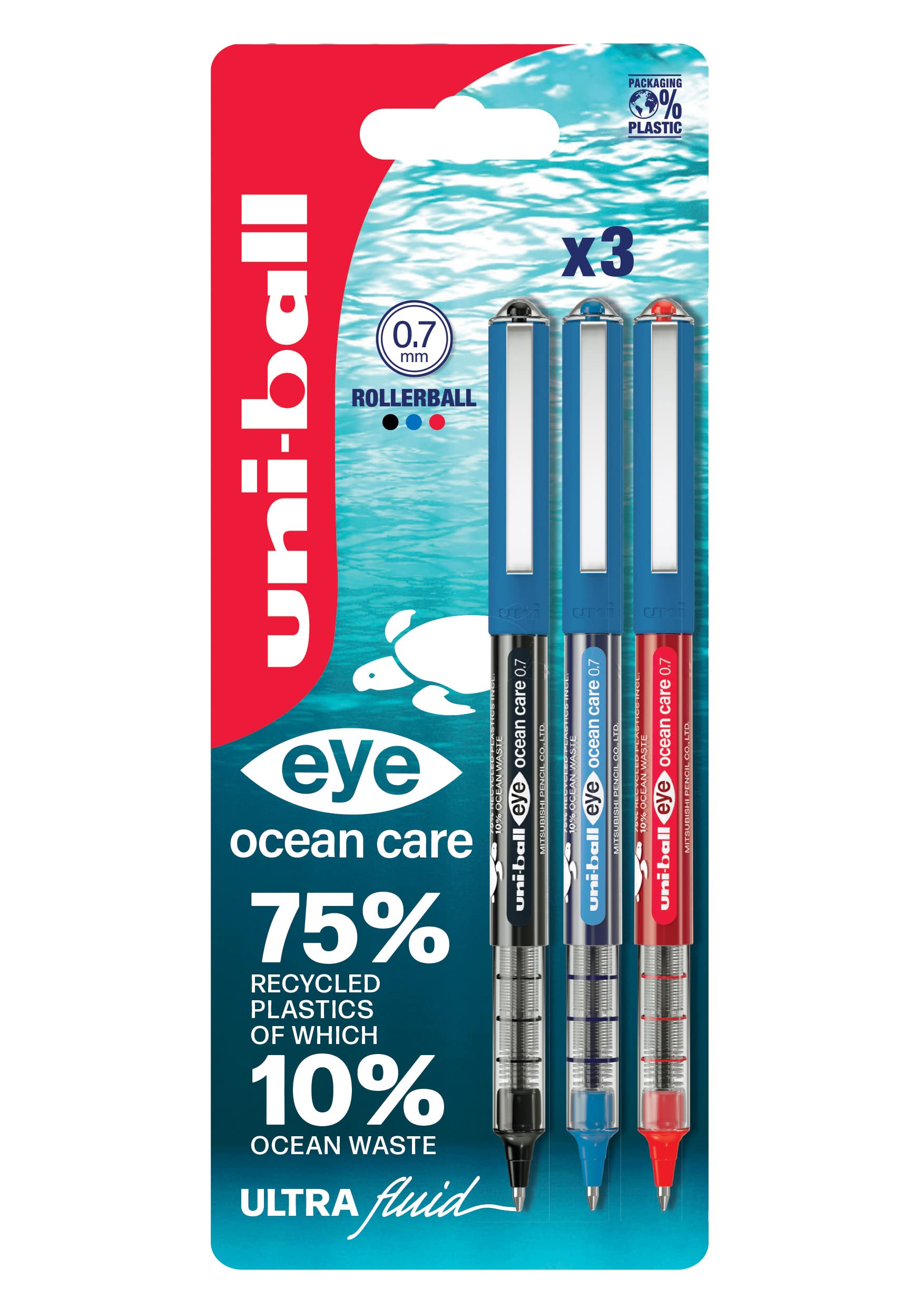 uni-ball Eye Ocean Care UB-157ROP Rollerball Pens. Fine 0.7mm Ballpoint Tip for Smooth Writing, Drawing, Art & Colouring. Fade and Water Resistant Liquid Uni Super Ink. 3 Pack Black, Blue, Red