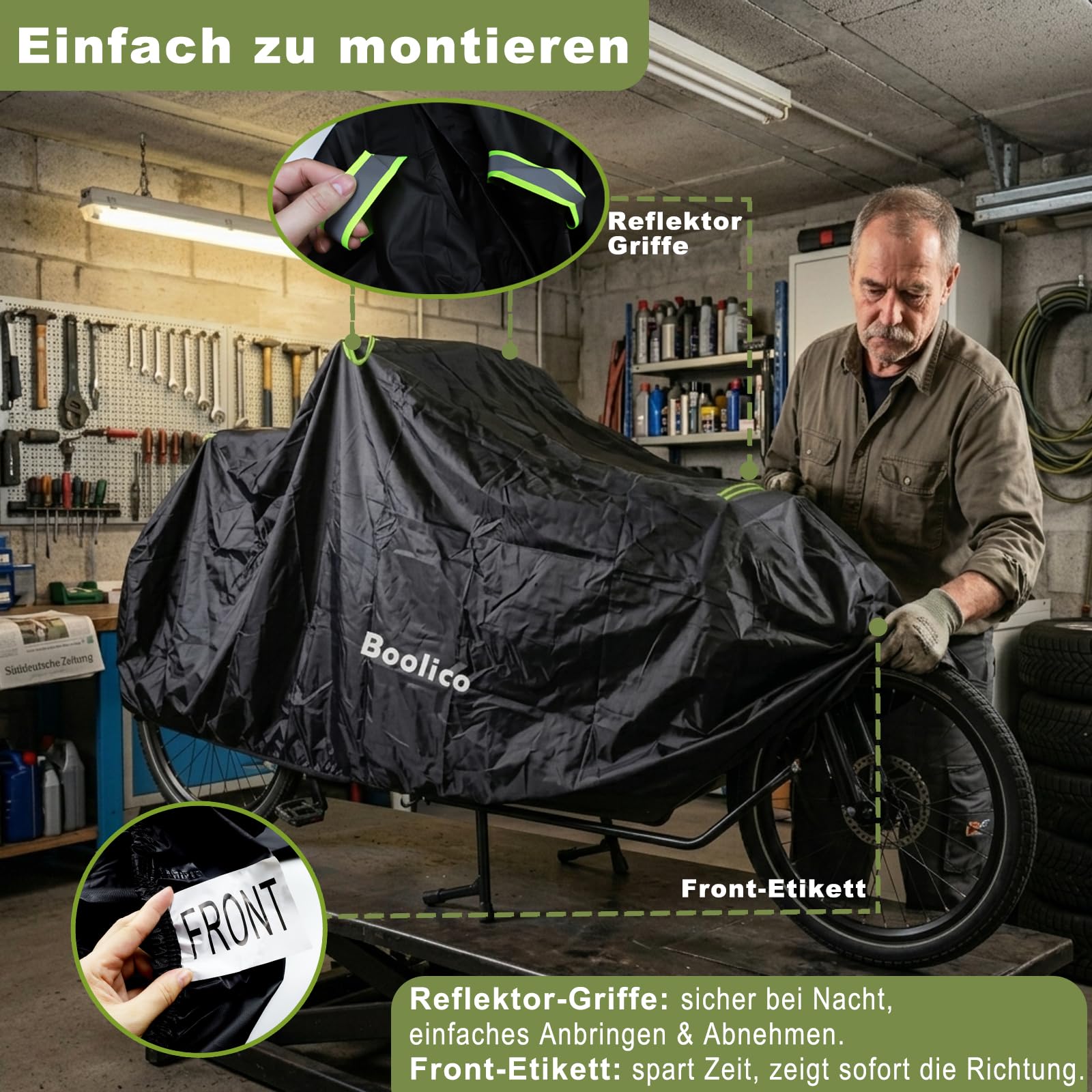 Housse de protection pour roue de charge 420D Oxford - Imperméable - Extra longue - Housse de protection pour vélo Cargo Bike à une voie - Bâche de protection pliable - Double couture