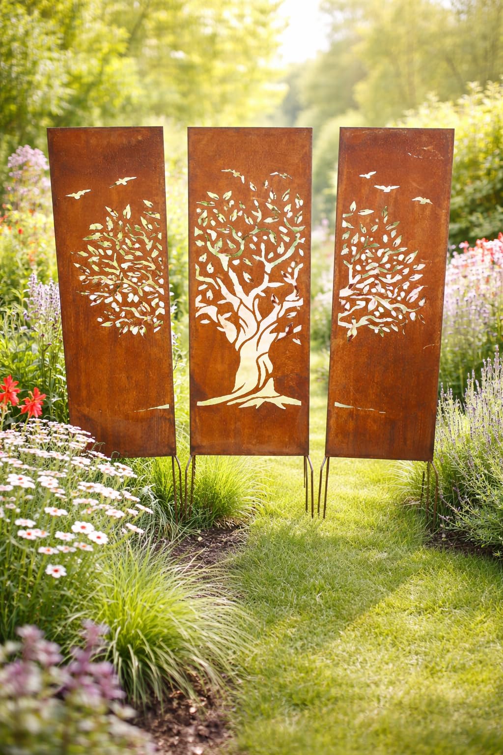Sichtschutz-Tafeln Edelrost, 3-teilig, Gartendekoration aus Eisen, Gartendeko Schild Tafel 115cm höhe x 90cm Breite, Paravent zum Stecken Gartenschild Gartenstecker Wetterfest Rost Metall Zaun