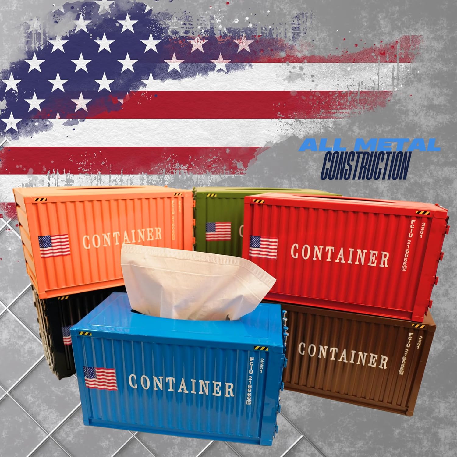 Handcrafted Metal Truck Tissue Box Cover – Industrial Shipping Container Design, Sturdy Decorative Holder for Home, Office, Bar & Man Cave – Fits US XL Tissue Boxes (Blue Truck (Red Container))