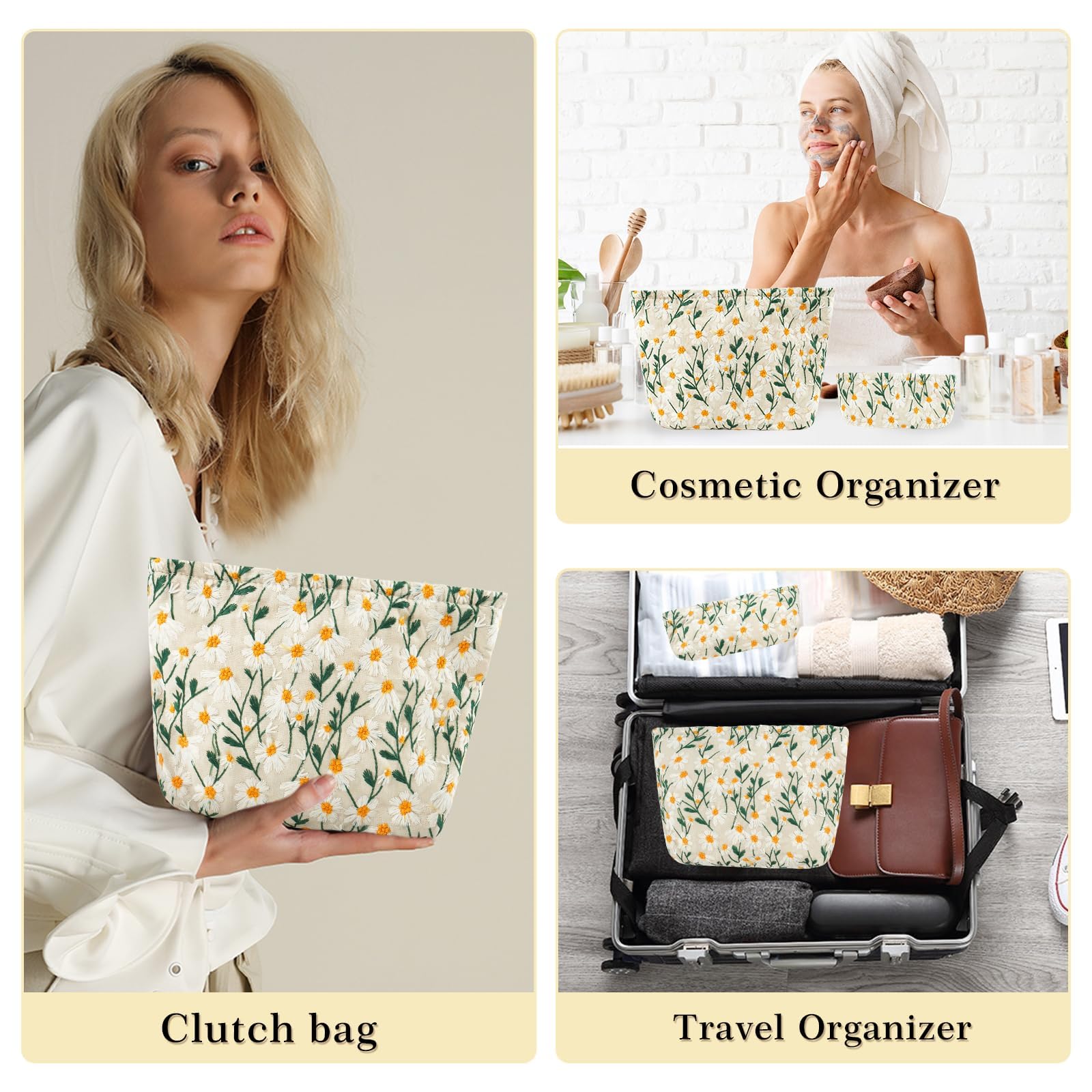 Set 2 Makeup Bag Floral Large Cosmetic Bags Mini Pencil Case Daisy Travel Toiletry Bag Multifunctional Pouch for Women - Image 2