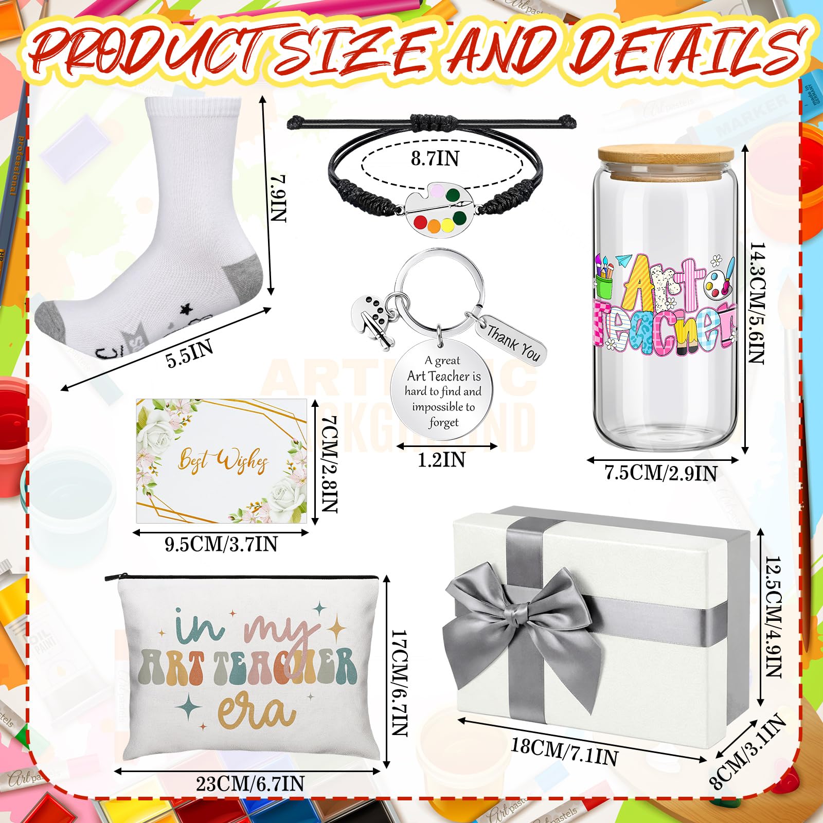 Remerry 7 Pcs Art Teacher Appreciation Gifts Include 16 oz Glass Cup Cosmetic Bag Socks Keychain Bracelet Card and Gift Box Ideas Thank You Basket for Art Teacher from Students