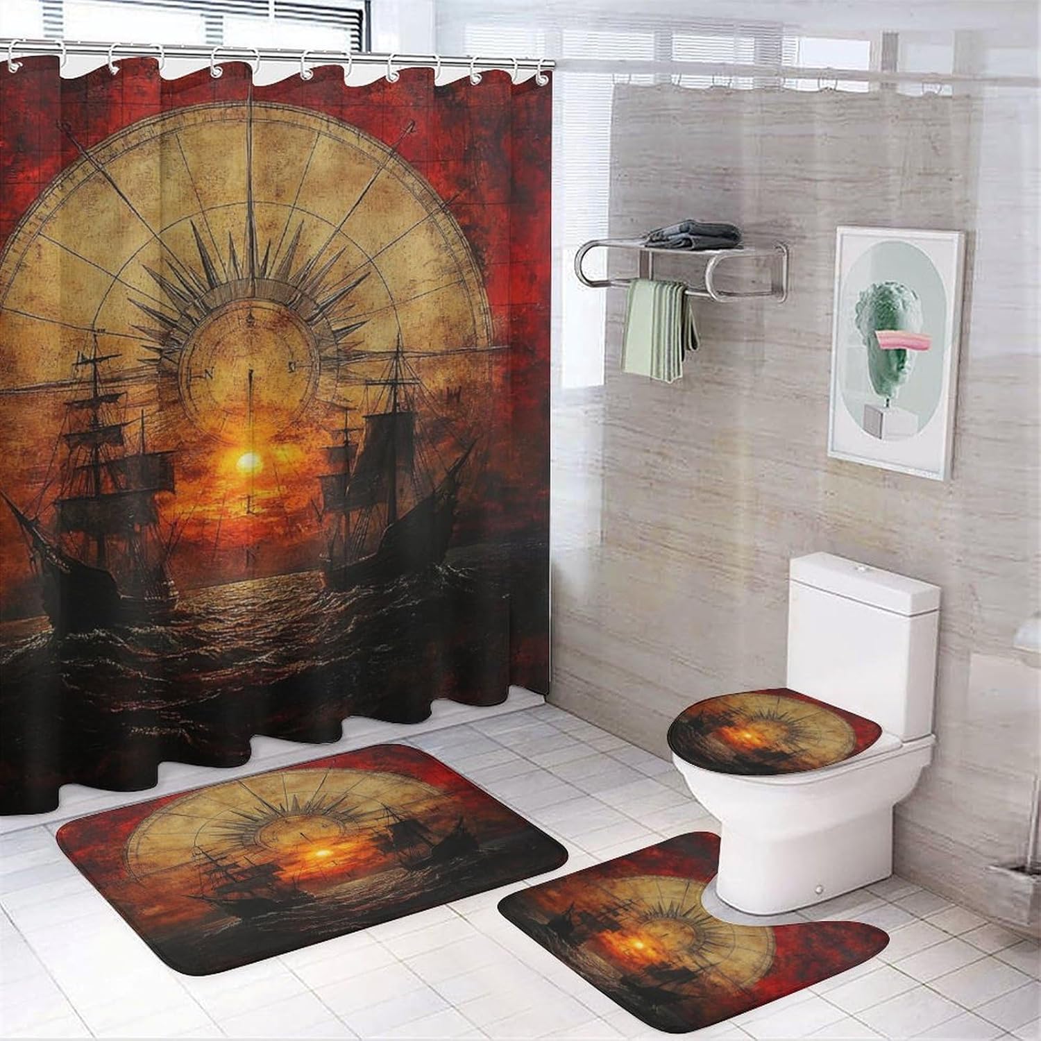4 Pcs Modern Oil Painting Nautical Theme Shower Curtains,Vintage Ocean Pirate Ship Sunset Compass Bathroom Set Shower Mat Shower Curtains Rug 12 Hooks