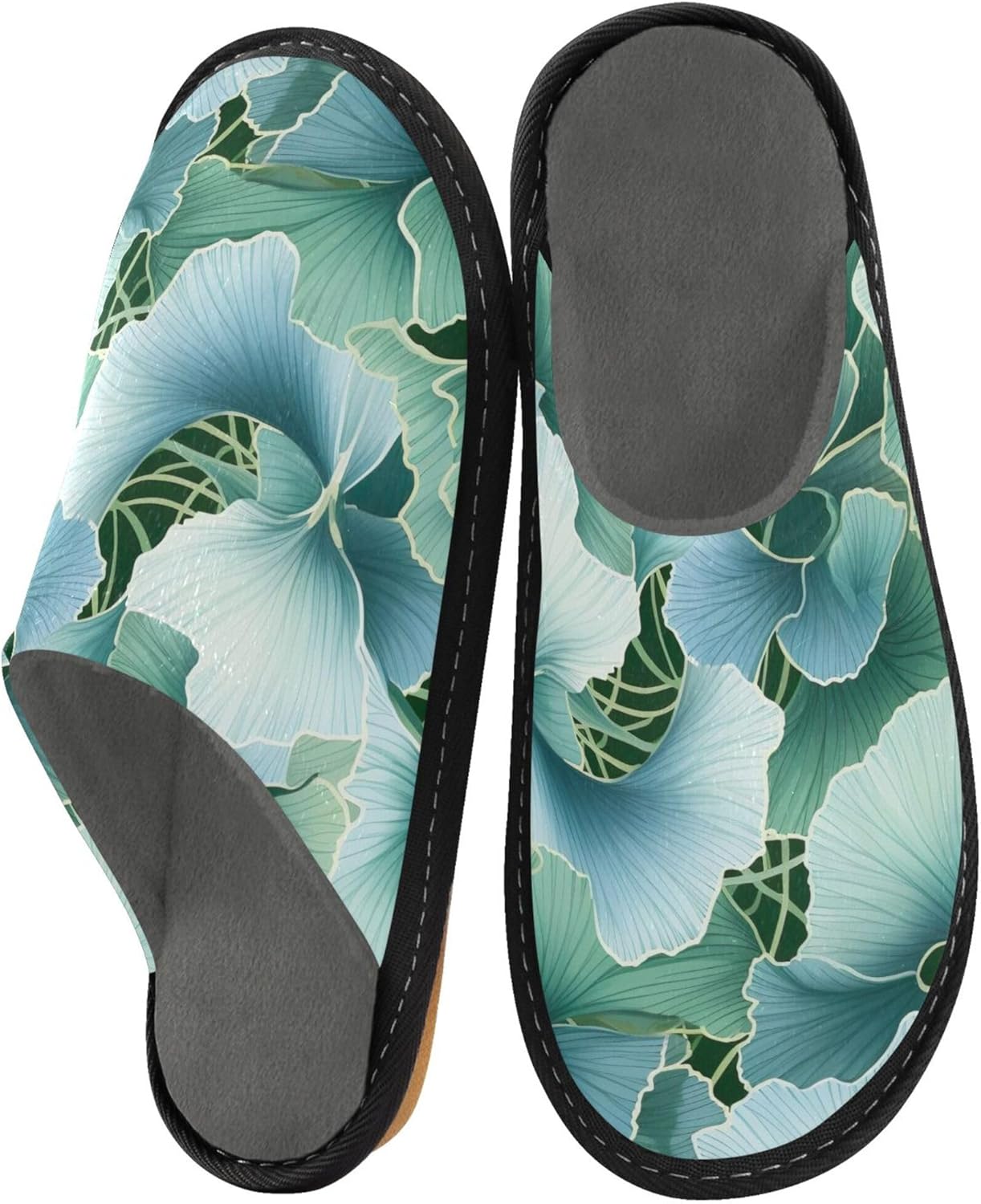 Ginkgo Biloba Green Leaf House Slippers – Cozy Fuzzy Slippers for Guests, Washable & Disposable, Perfect for Shoeless Home, Spa & Hotel Use A110158