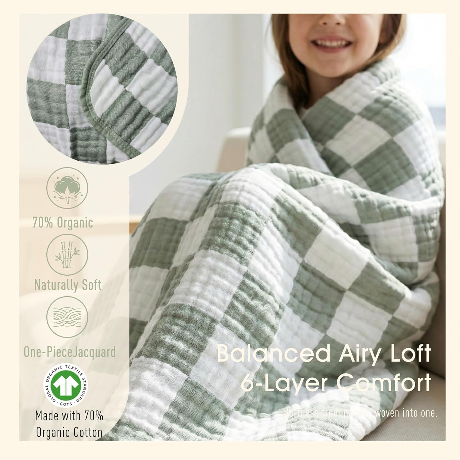 6-Layer Muslin Toddler Blanket - Made with Organic Cotton, Large 50x60 Crib Quilt & Bedding for Kids & Moms (Sage Green Checkered)