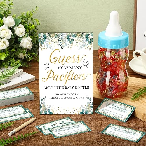 Miniatura 2 de Syhood Greenery Baby Shower Games Guess How Many Pacifiers Sage Game Signal, 50 pequeños juegos de adivinanzas, 20 lápices HB, botella de leche de