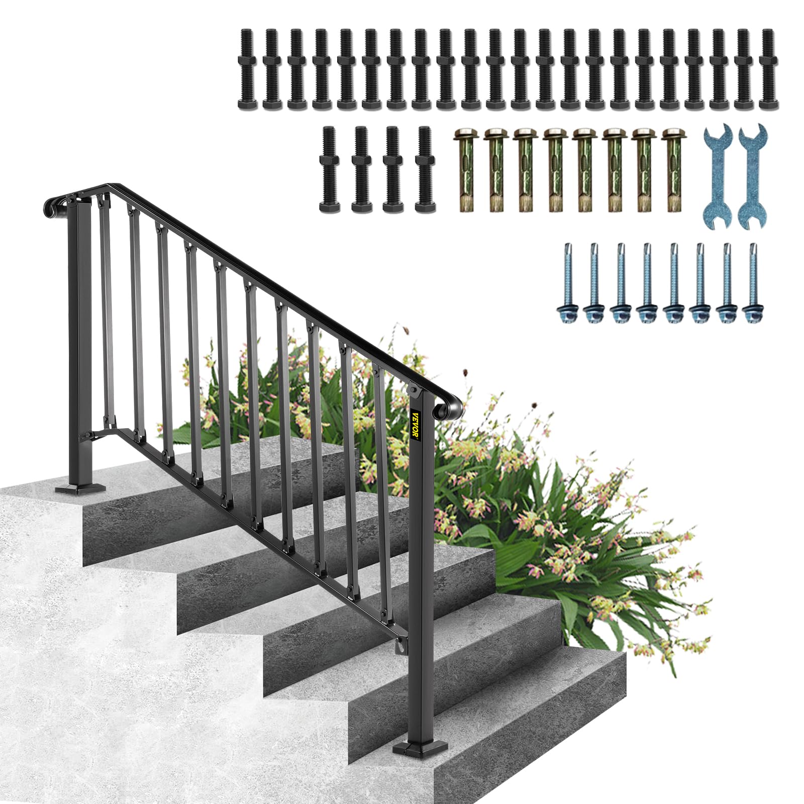 Happybuy Handrails for Outdoor Steps, Fit 4 or 5 Steps Outdoor Stair Railing, Picket#4 Wrought Iron Handrail, Flexible Porch Railing, Black Transitional Handrails for Concrete Steps or Wooden Stairs
