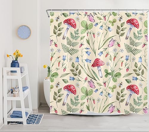 Miniatura 3 de EOBTAIN Cortina de ducha de hongo rojo para baño, diseño de mariposa rosa y azul floral con hojas verdes en beige, cortina de ducha con 12 ganchos,