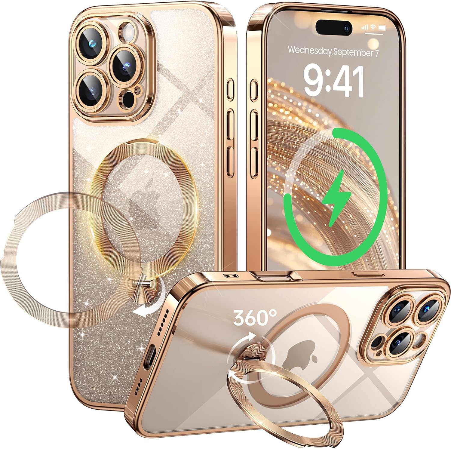 360 Spin CD Stand for iPhone 16 Pro Max Case Compatible with Magsafe Ring [Never Yellow][DIY Glitter Cardstock] Camera Protection Plating Clear Cute Phone Case for Women Girls 6.9'', Desert Titanium