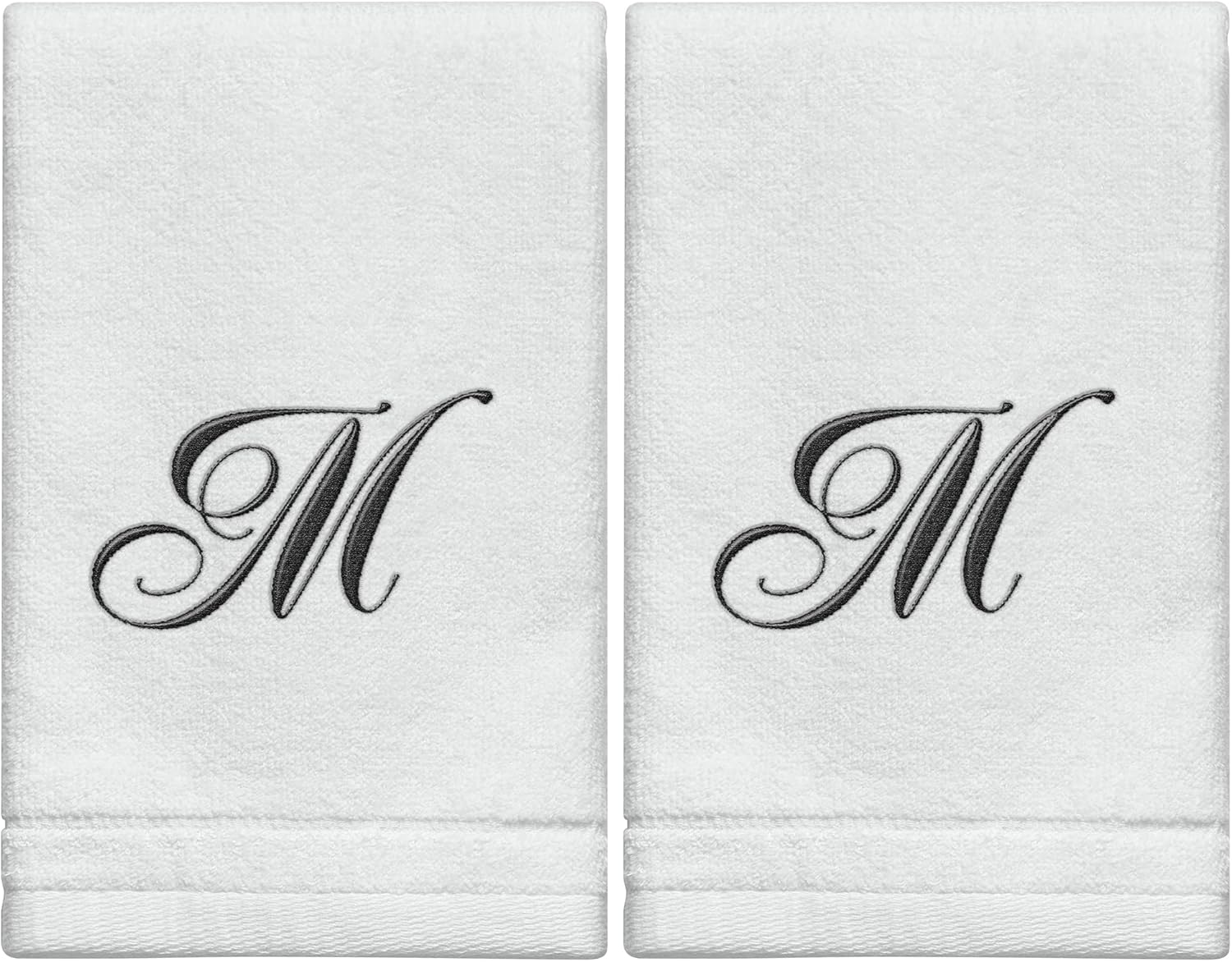 Personalized Initial Fingertip Towels - 2 Pack 11x18 - Black Embroidery On White Towel, Modern Monogrammed Towels, Great Personalized Initial Gift for Women, Teachers, Friends, Bridesmaids Initial M