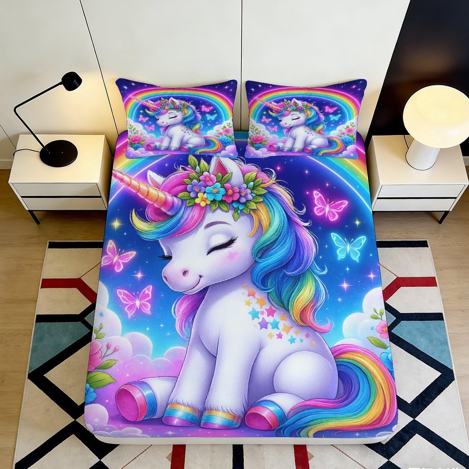 3D Printed Unicorn Rainbow Fitted Sheet Microfiber Anti-Slip Bed Cover for Bedroom Dorm Easy Care Mattress Protection 120x200x25cm