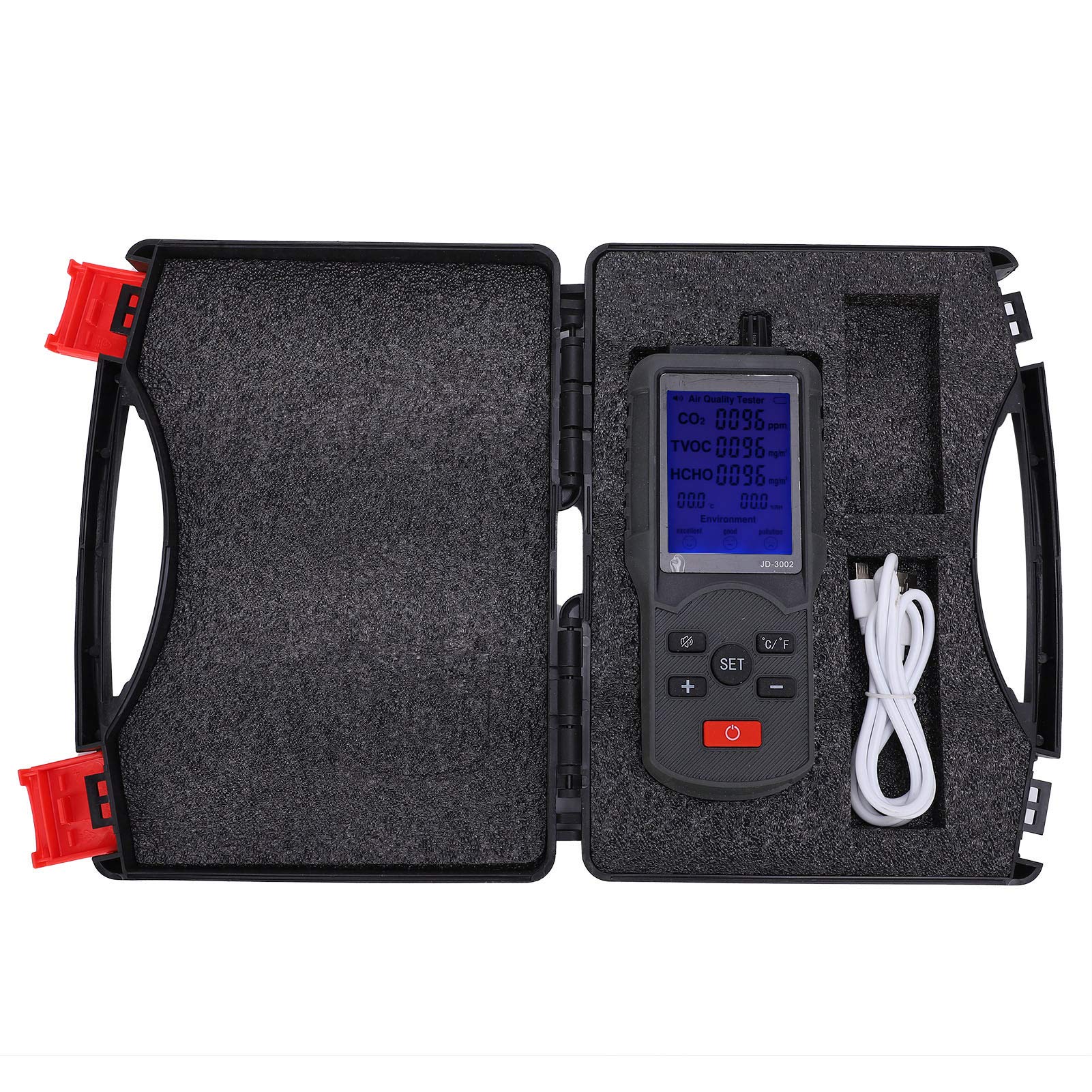 Jiawu Monitor de Calidad del Aire Industrial Detector de CO2 TVOC HCHO con Temperatura y Humedad - Analizador de Gas Integral para el Taller de Fábrica de Oficina en Casa JD-3002