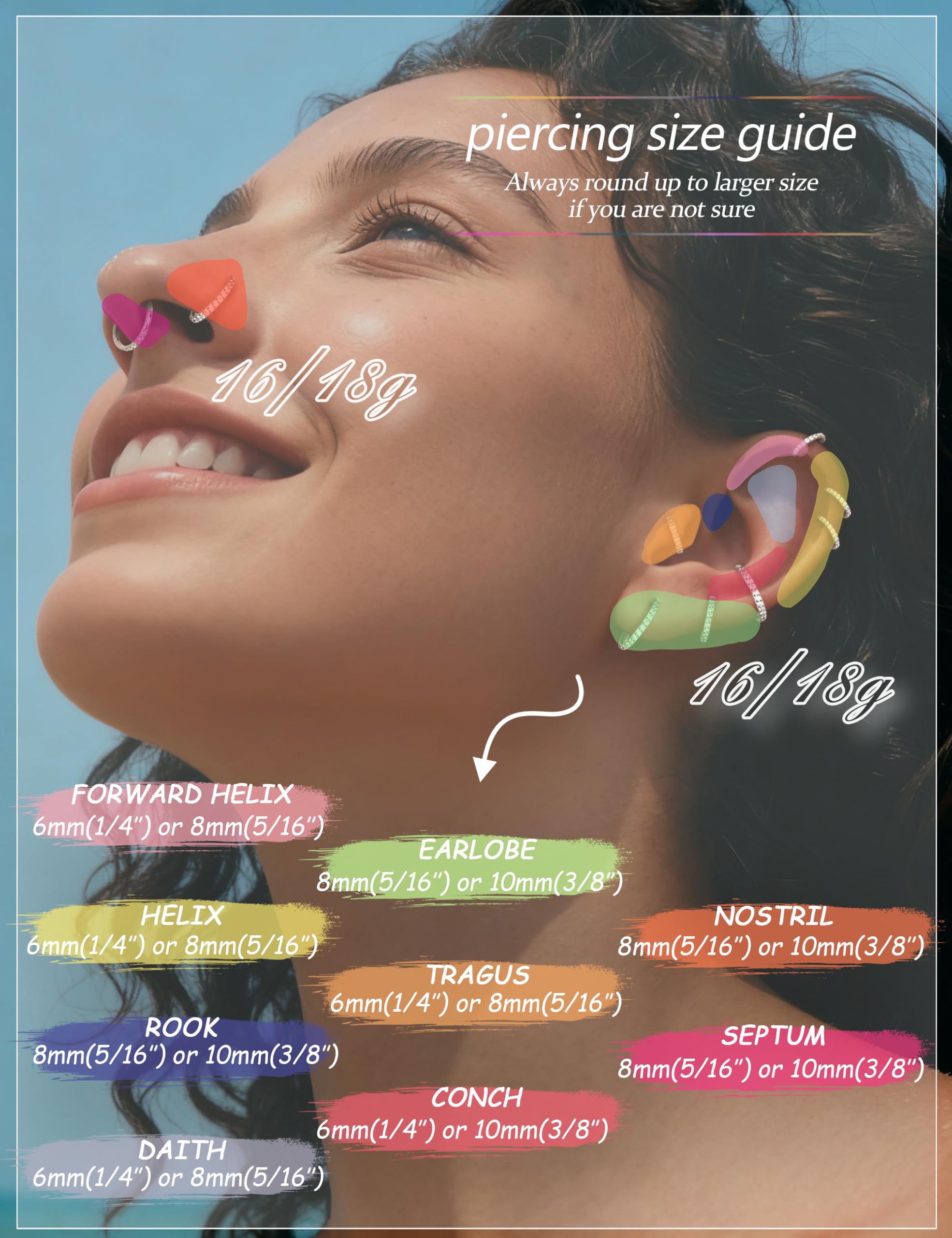 Morfetto Pendientes de Helix de Joyería Piercing Nariz Tragus Conch Aro Con Acero Quirúrgico 16G 18G Anillo Nasal Tabique Daith Rook Joyería Piercing Tragus Helix 6mm 8mm 10mm