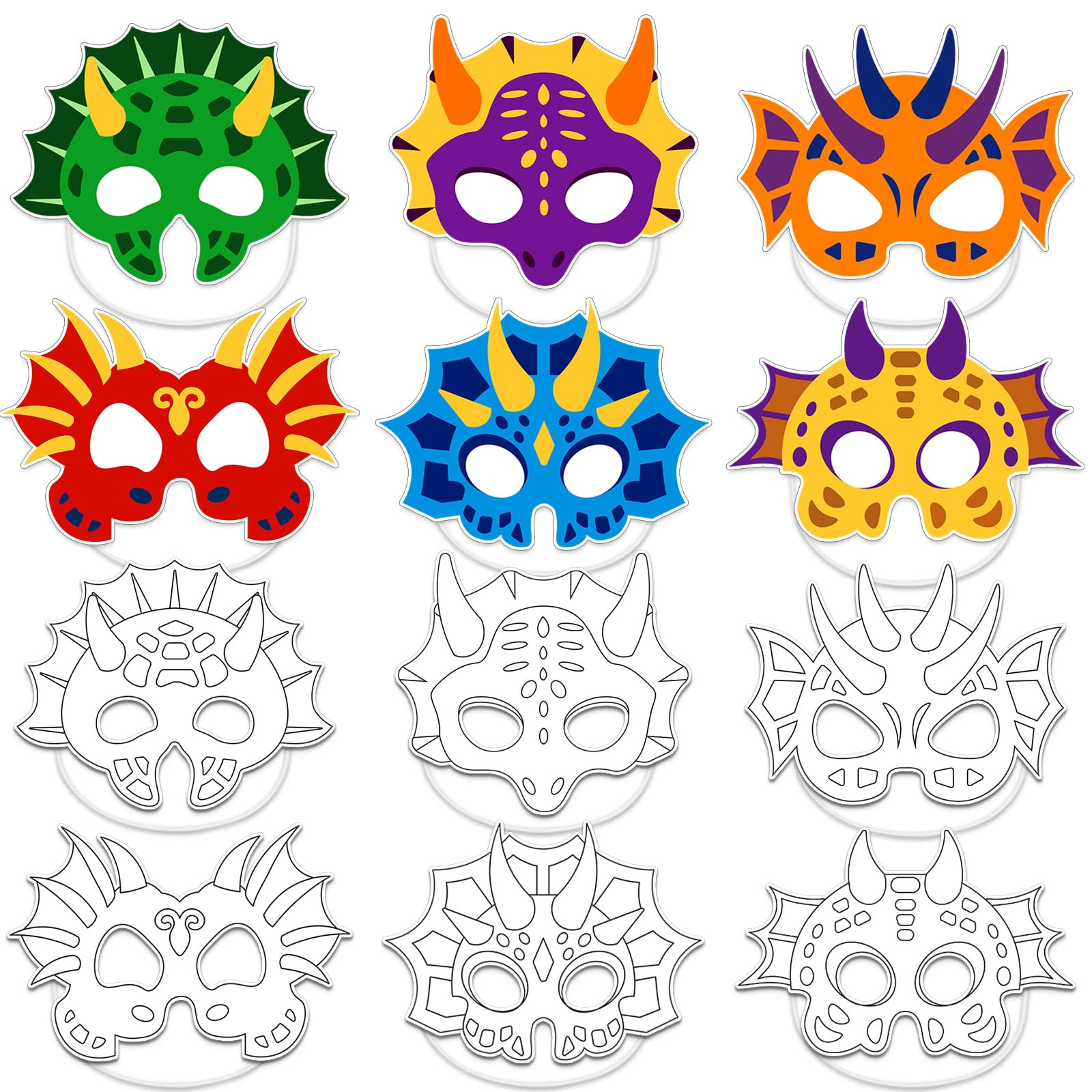 Lonfliness 36 Set Dinosaur Coloring Mask Dino Paper Arts Crafts Kids Color Your Own Dinosaur Blank DIY Mask Masquerade Birthday Party Dress-Up Decorations Favor School Classroom Activity Game Supplies