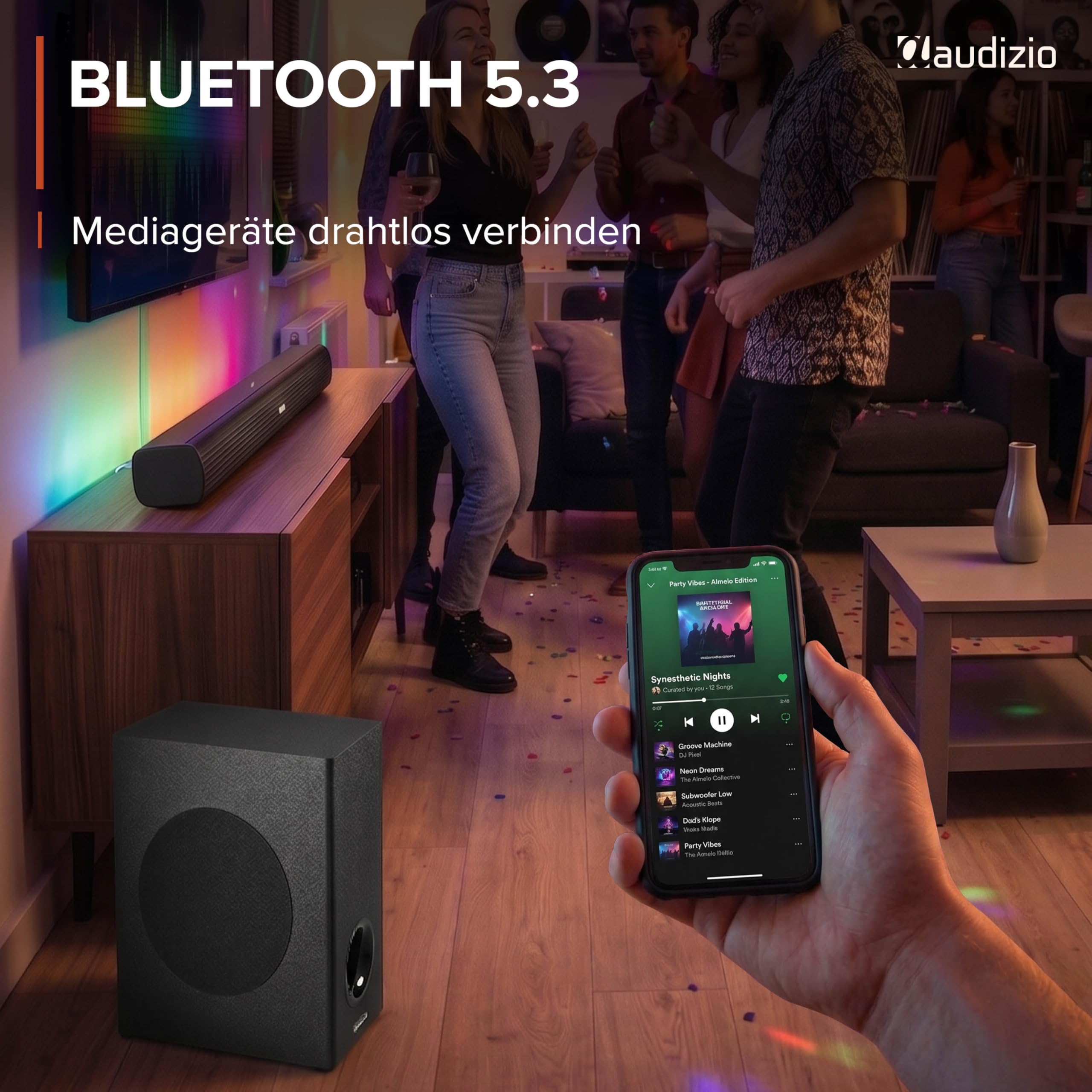 Audizio SB100 5.1 Soundsystem - TV Soundbar mit Subwoofer, 180 Watt, Bluetooth 5.3, Heimkino Soundsystem mit 2 Surround Lautsprecher, HDMI ARC, Optisch, 97cm Soundbar für TV Geräte, Fernbedienung