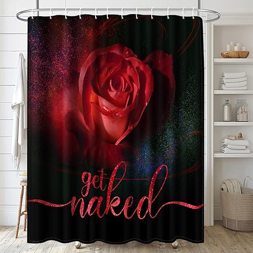 Miniatura 3 de Juego de baño rojo y negro con cortina de ducha y alfombras y accesorios, juego de cortinas de ducha con rosas rojas, cortinas de ducha Get Naked