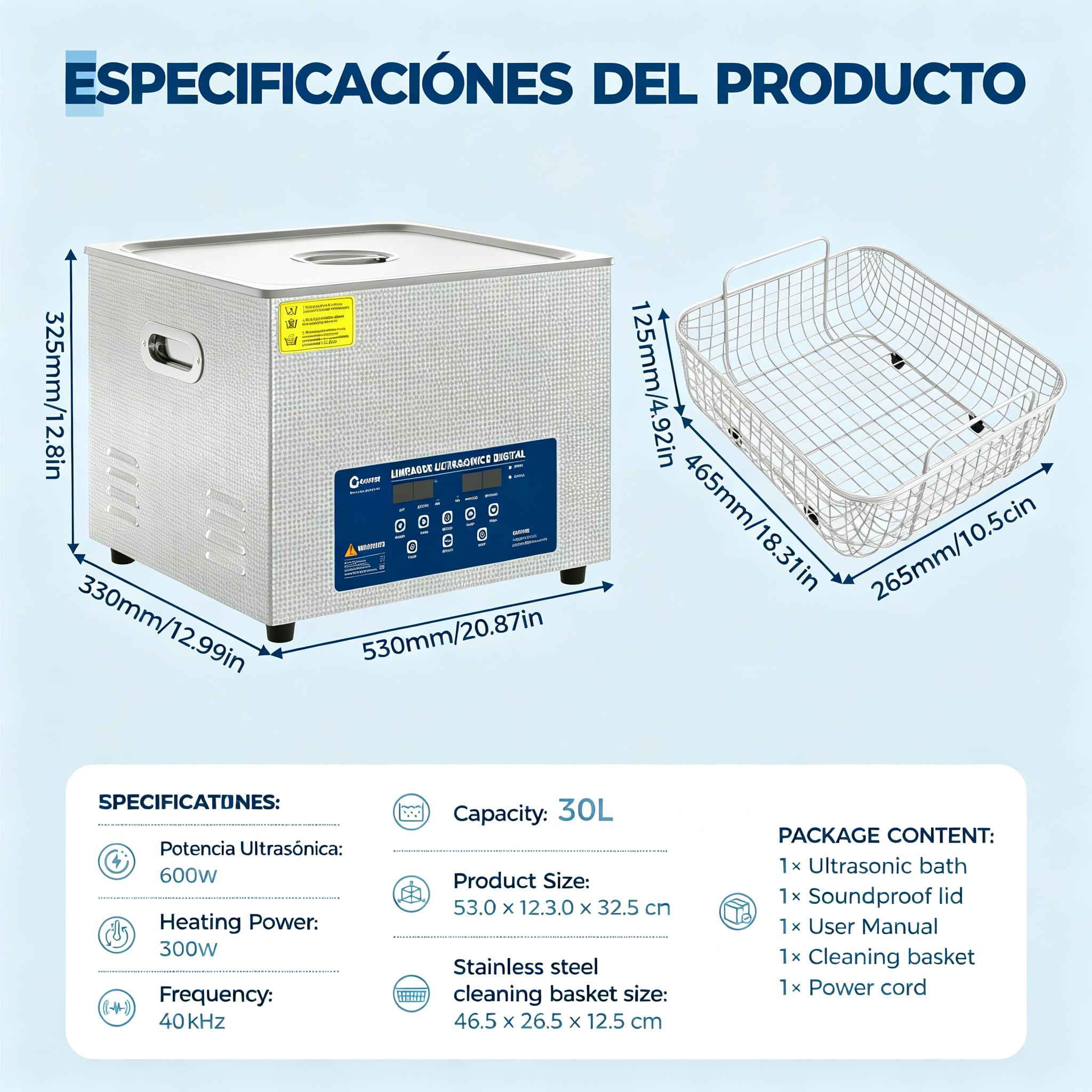 Garvee Limpiador Ultrasónico 30L 40kHz 60W, Máquina de Limpieza por Ultrasonidos en Acero Inoxidable 304, Panel Digital con Temporizador Ajustable 0-30 Min y Cesta para Joyas, Relojes, Gafas y Dental