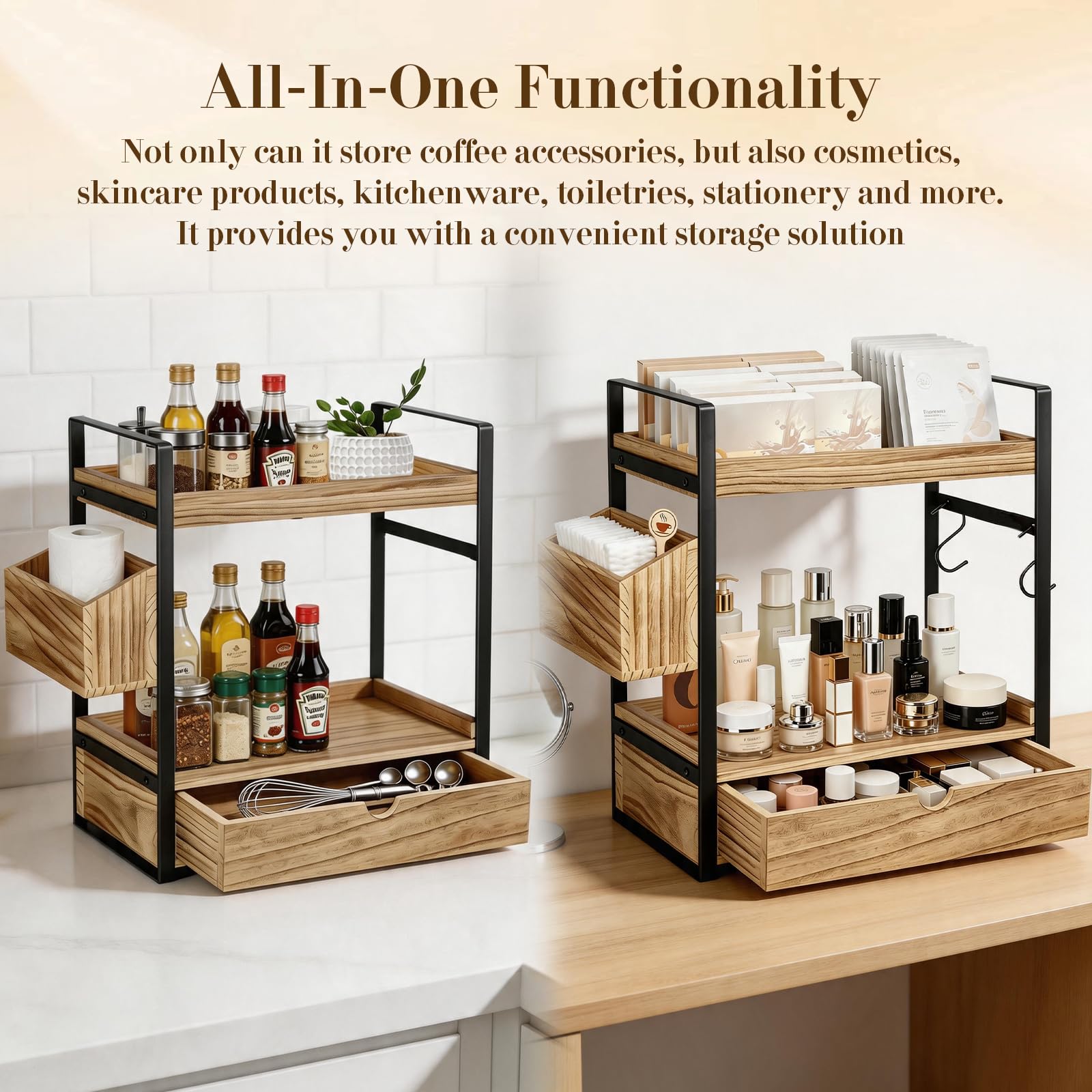 Organizador de estación de café, organizador de barra de café de 3 niveles con cajón de cesta y ganchos para tazas, accesorios de barra de café de madera, organizador de estante de almacenamiento para