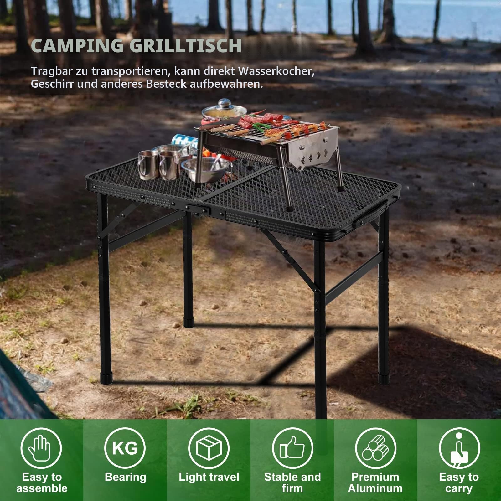 Odoland 2FT Faltbarer Campingtisch, höhenverstellbarer Grilltisch mit Mesh Desktop, Outdoor-Picknick-Tisch Kartentisch mit Anti-Rutsch-Füßen für Grill BBQ RV (56cm)