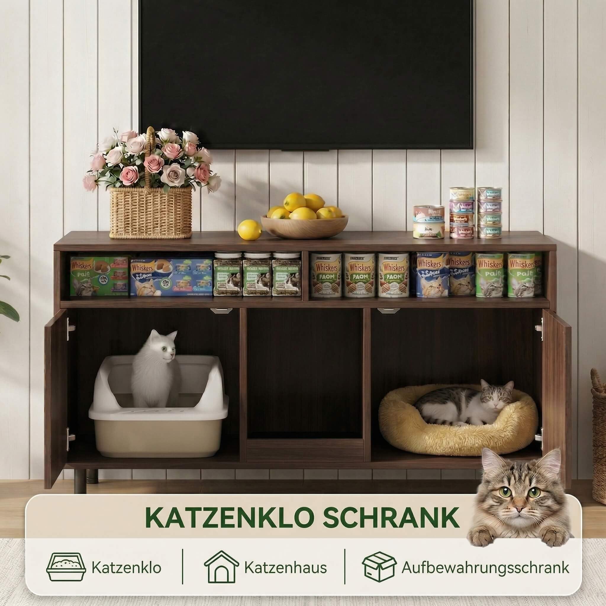 Katzenklo Schrank für 2 Katzen mit Sandauffangmatte, XXL Sideboard für Katzentoilette Versteckt, Multifunktionales Katzenhaus Möbel, Einfache Montage, Walnuss