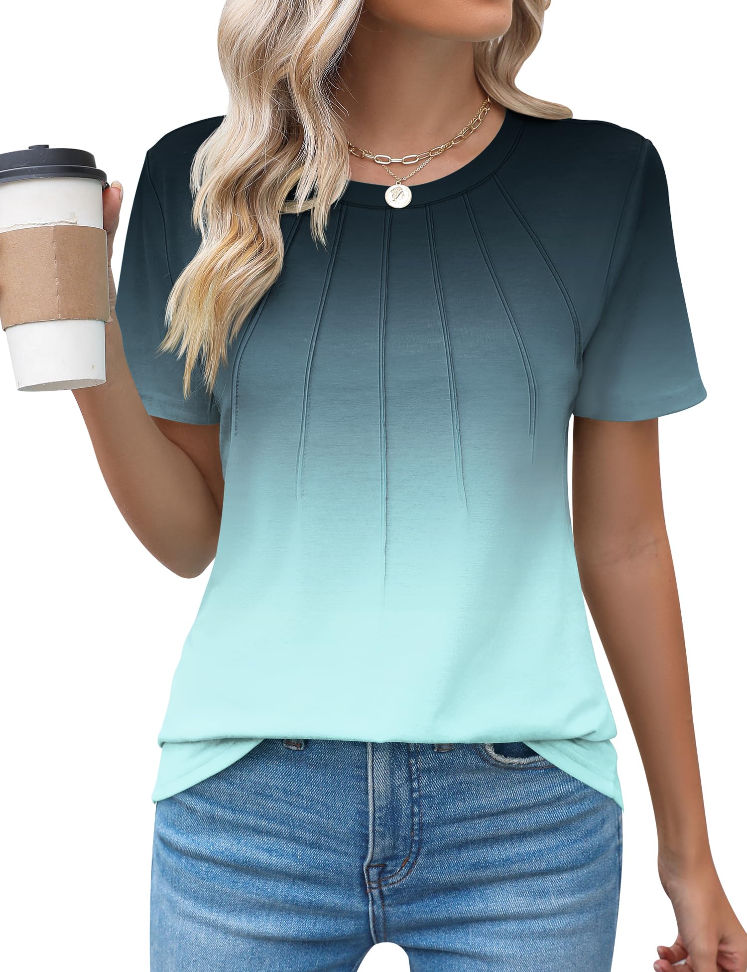 Kistore Womens Casual Crew Neck Short Sleeve Pleated Tops Blouses Fashion Clothes 2025