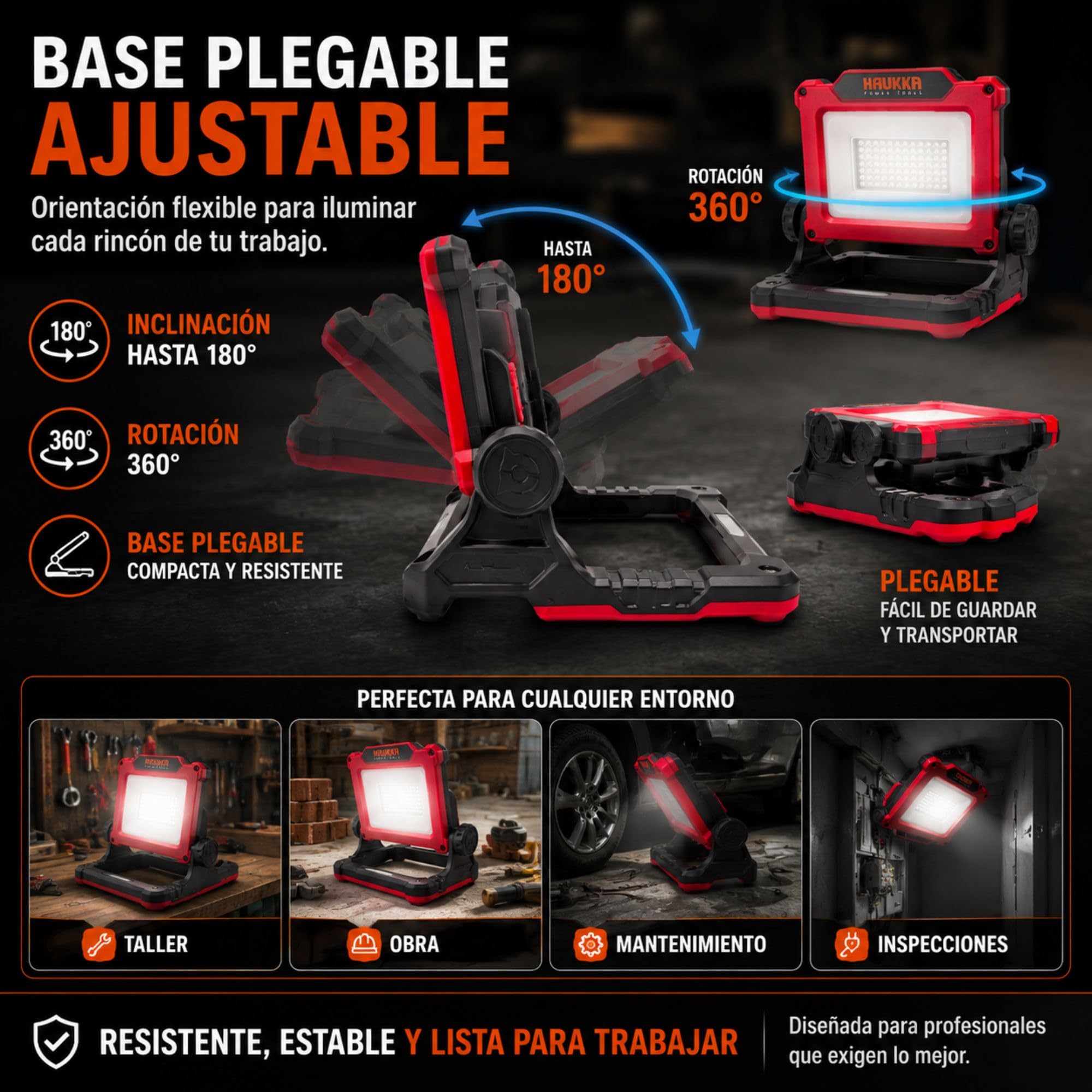 Luz de Trabajo LED con Batería Incluida 18-21V 4.0Ah | Foco Recargable 3000 lm con USB, 3 Modos de Luz y Base Plegable | Compatible con Herramientas Profesionales 18V | Haukka | Recargable