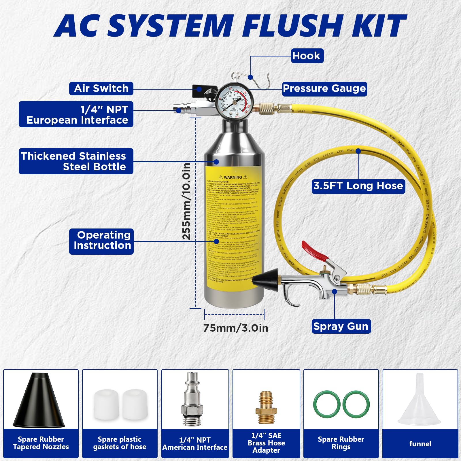 MRCARTOOL Kit di aria condizionata AC per auto, set di strumenti per aria condizionata A/C, con manometro e tubo da 1 m, HVAC Flush Kit per auto