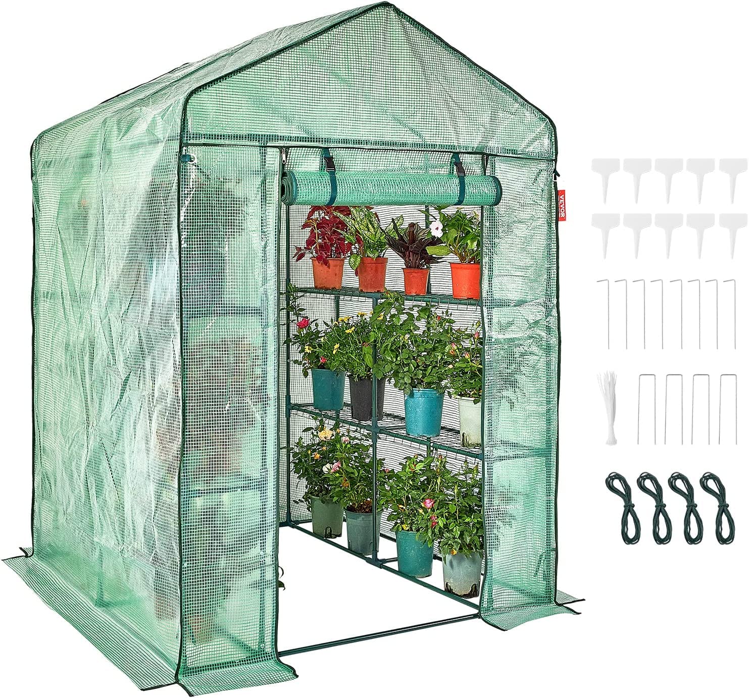 VEVOR Walk-in Green House, 55.5 x 55.5 x 78.7 inch, Portable Greenhouse with Shelves, High Strength PE Cover with Roll-up Zipper Door and Steel Frame, Set Up in Minutes, for Planting and Storage