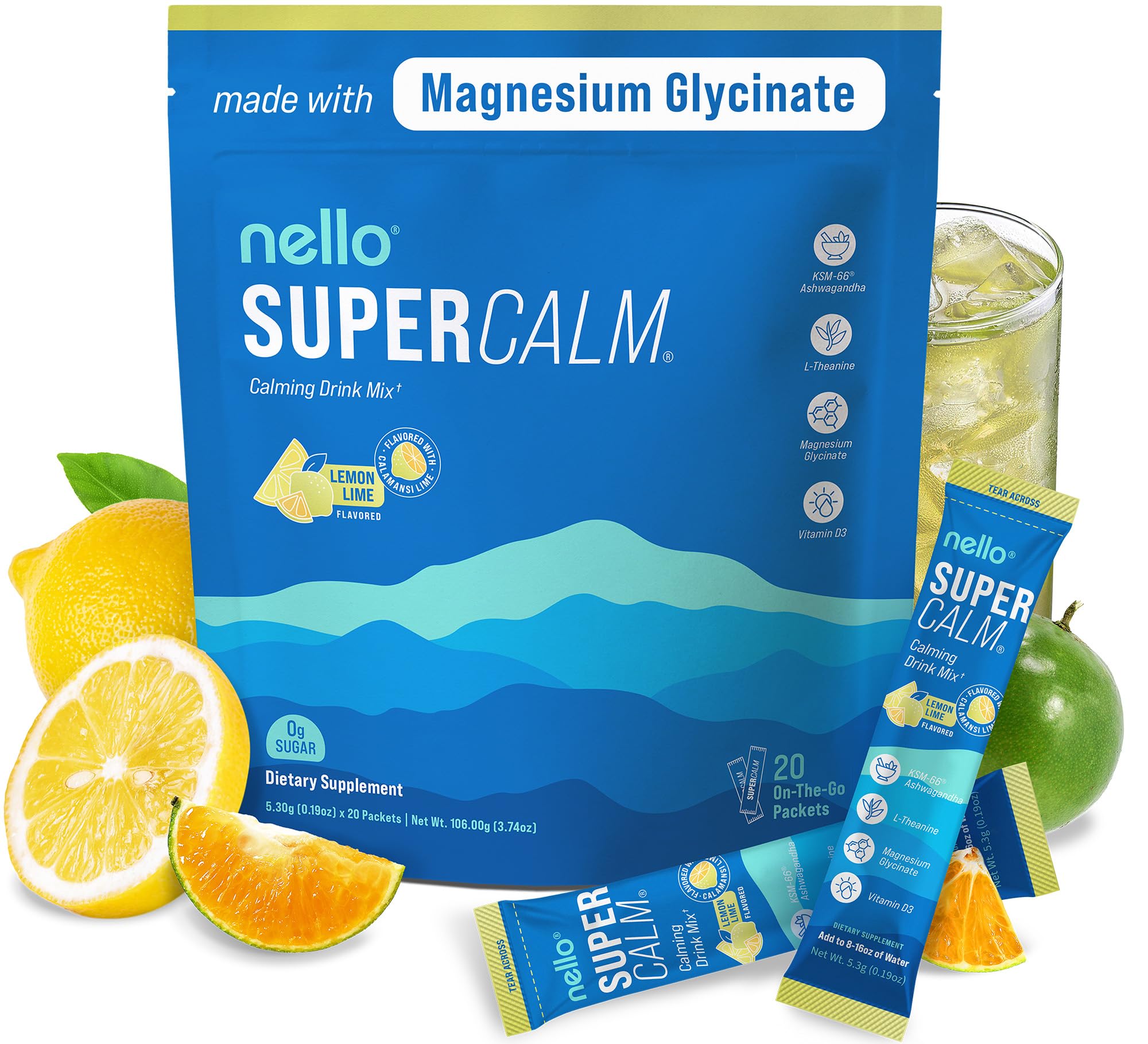 Nello Supercalm Drink Mix - Ashwagandha KSM 66, Magnesium Glycinate & L-Theanine Supplement, Vitamin D3 - Ashwagandha Root Extract - Focus and Relaxation Support (20 Travel Packets) - Lemon Lime