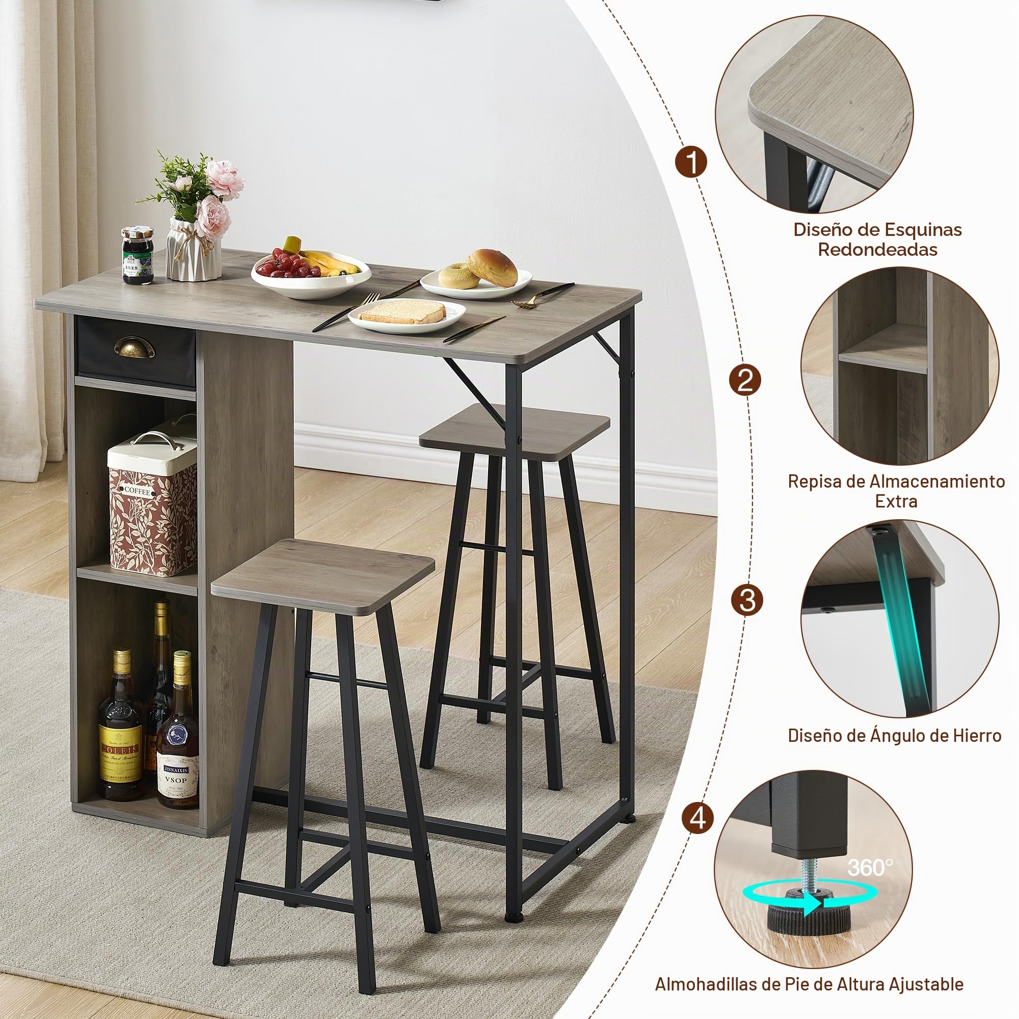 Garvee Con 1 Caja 02 Modelo 1+2 Set De Mesa Alta y Taburetes con Almacenamiento, Mesa Cocina, Mesa Alta Cocina, Diseño De Tela Gris