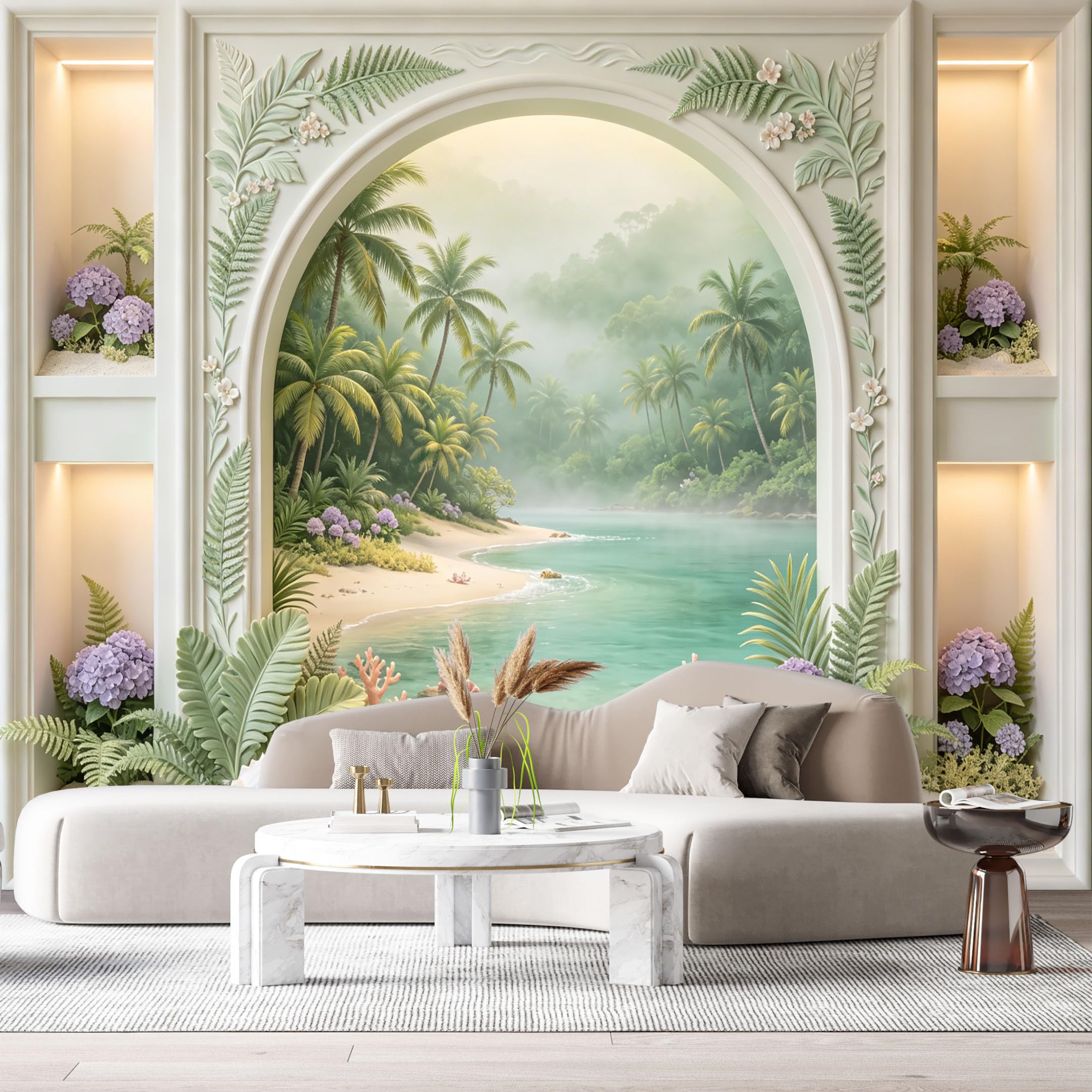 Custom Size Wall Murals Tropical Beach Ocean Coastal Palm Trees 3D Trompe L'Oeil SelfAdhesiveWall Fabric Removable Wallpaper Wall Decor for Living Room Bedroom Bathroom