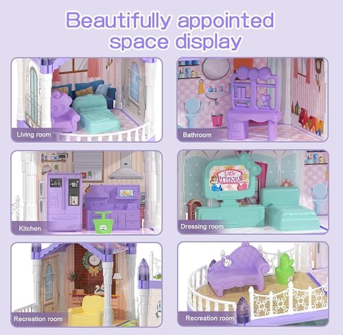 Miniatura 4 de Juego de casa de muñecas de princesa, casa de muñecas con 9 habitaciones en 3 pisos con 2 muñecas, 2 mascotas, muebles y accesorios de 12 piezas,