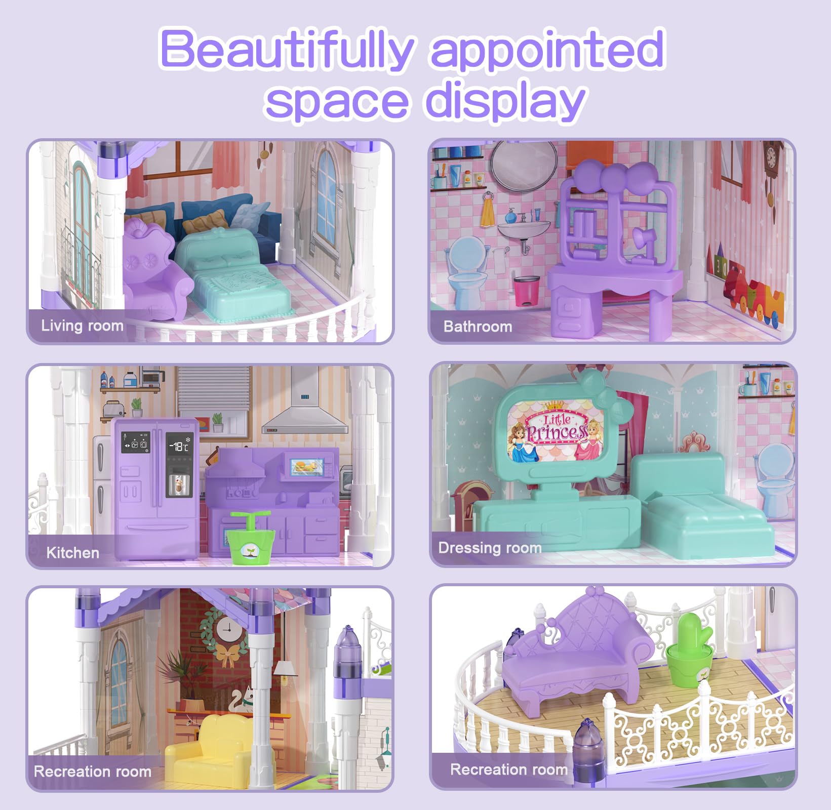 Juego de casa de muñecas de princesa, casa de muñecas morado lila con 9 habitaciones en 3 pisos, incluye 2 muñecas, 2 mascotas, 12 muebles y otros accesorios, regalo perfecto para niñas casa de