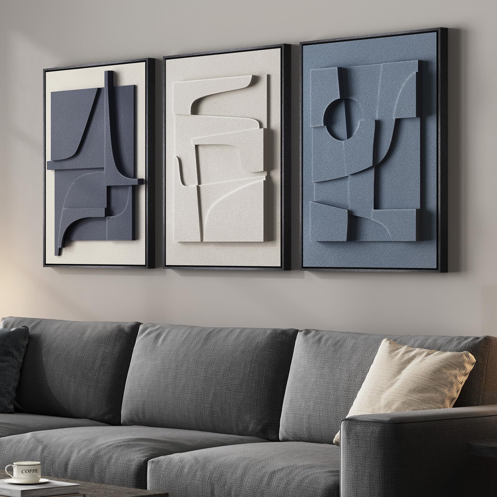 Large 3D Textured Framed Abstract Wall Art for Living Room, 3 Piece Modern Paintings Artwork for Walls, Black White Brown Geometric Sandstone Texture Pictures for Hallway Office Home Decor 24x36 In — view 13