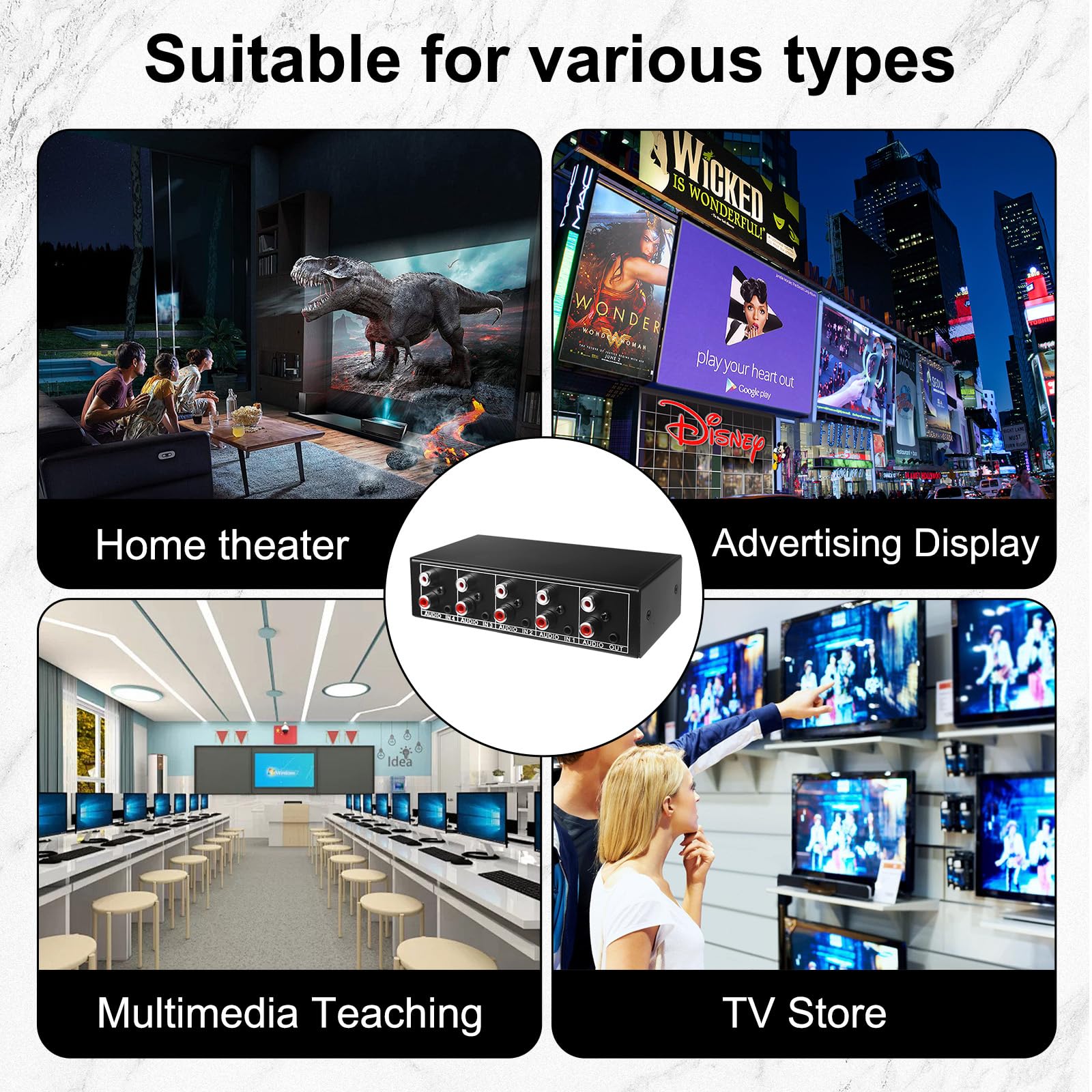 Aicharynic Interruttore Audio 4 in 1 out, Commutatore Audio 3,5 Mm Aux + RCA L/R, Interruttore Audio Bidirezionale, Scatola di Selezione Audio, Splitter Audio Video per Cuffie