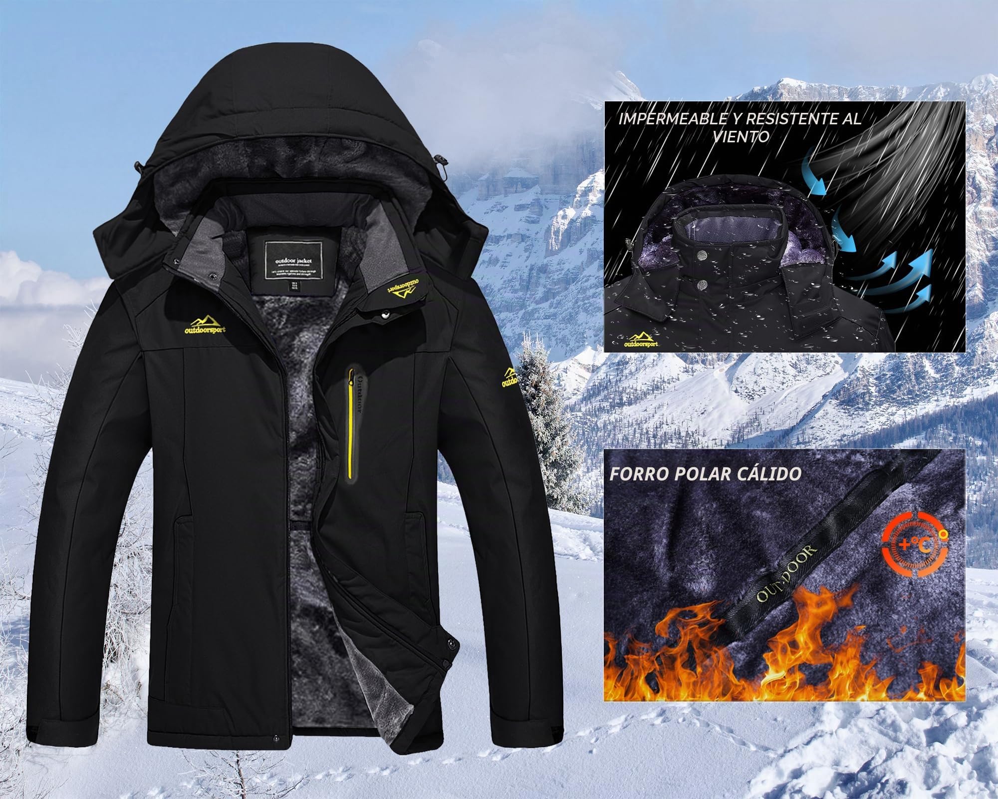 KEFITEVD Chaqueta Invierno Hombre Esquí Nieve Impermeable Polar Abrigo Snowboard Cálido Parka Chubasquero Capucha 5 Bolsillos