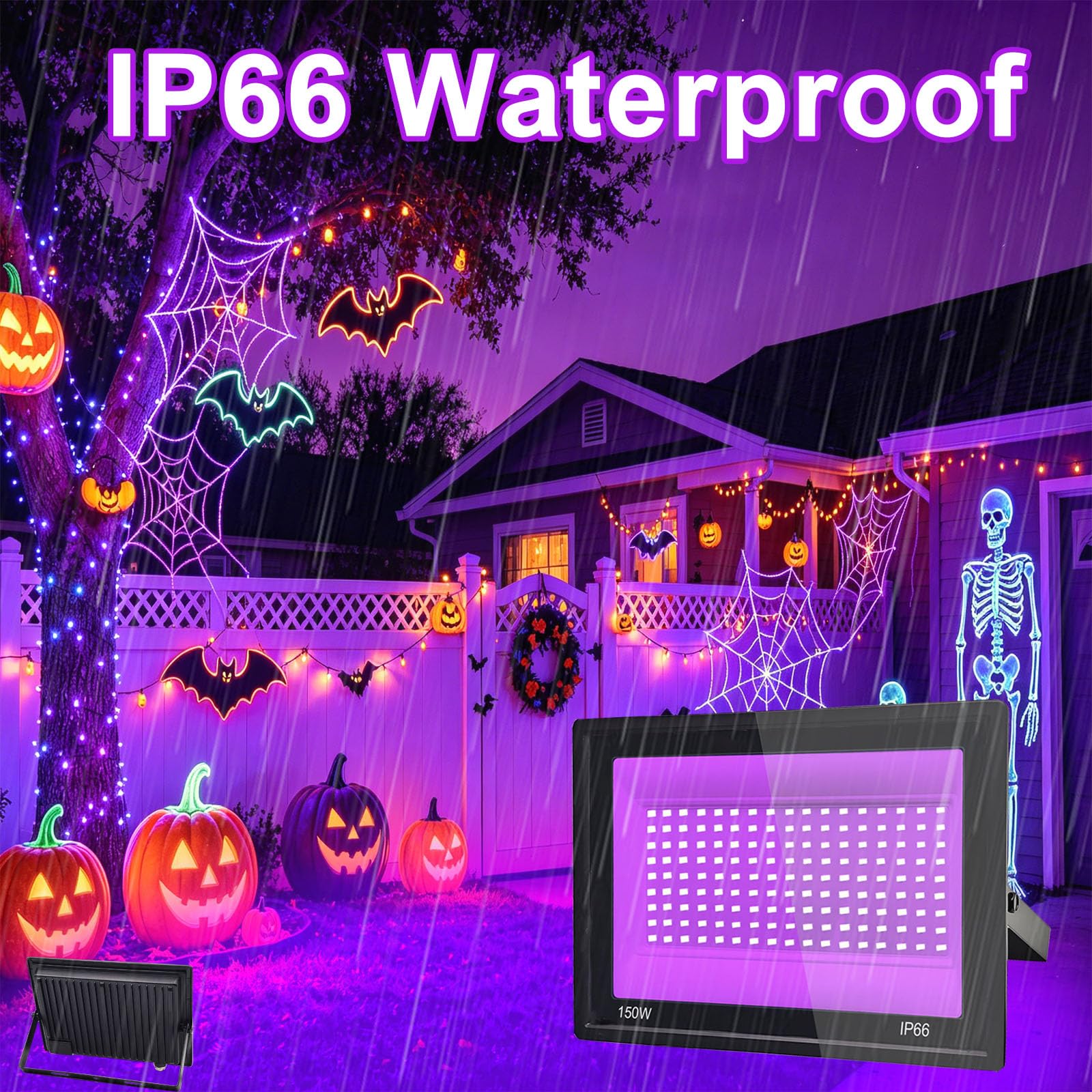 2 Piezas LED Luz Negra 150W, Foco LED Ultravioleta 395-400NM IP66 Impermeable, Luz Negra Ultravioleta Para Halloween, Navidad, Bar, Body Painting, Fiesta, Discoteca