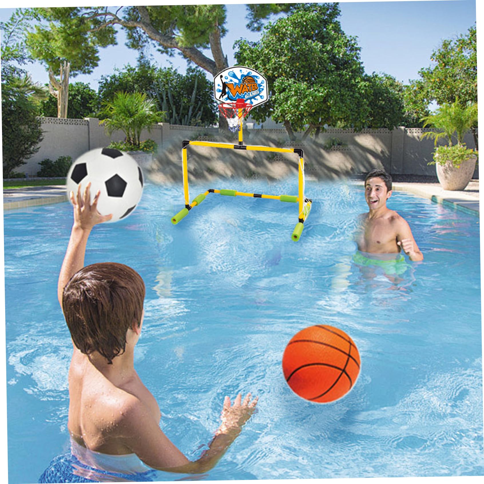 Cerceau de Basket-Ball Flottant pour Piscine, But de Football 2 en 1 et Panier Basket-Ball Piscine détachable avec 2 balles pour Enfants et Adultes