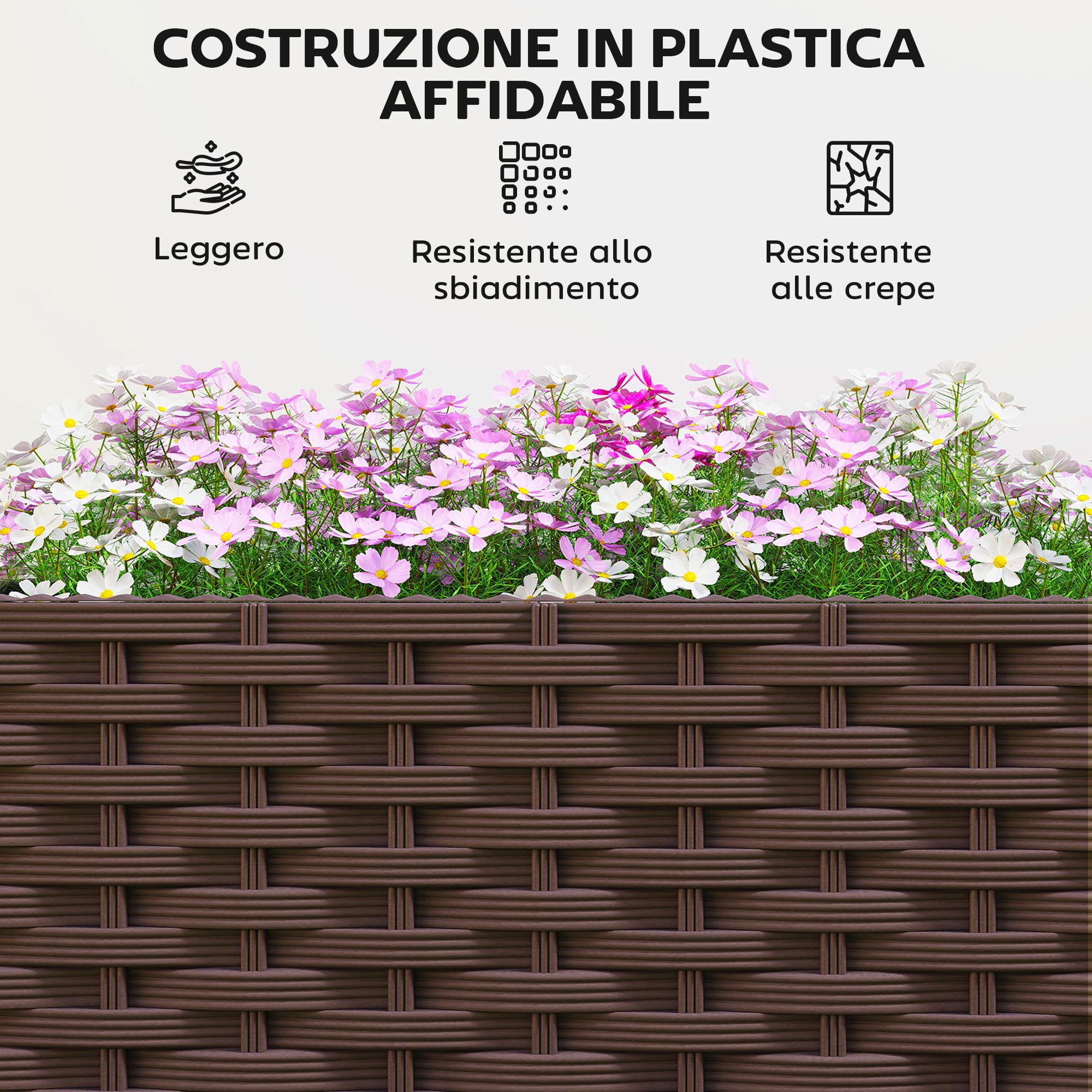 Outsunny Fioriera Rialzata con Traliccio 20L, Letto per Orto Rialzato da Esterno con Ruote Bloccabili, Sistema di Autoirrigazione, Fori di Drenaggio, per Piante Rampicanti, Verdure e Fiori, Marrone