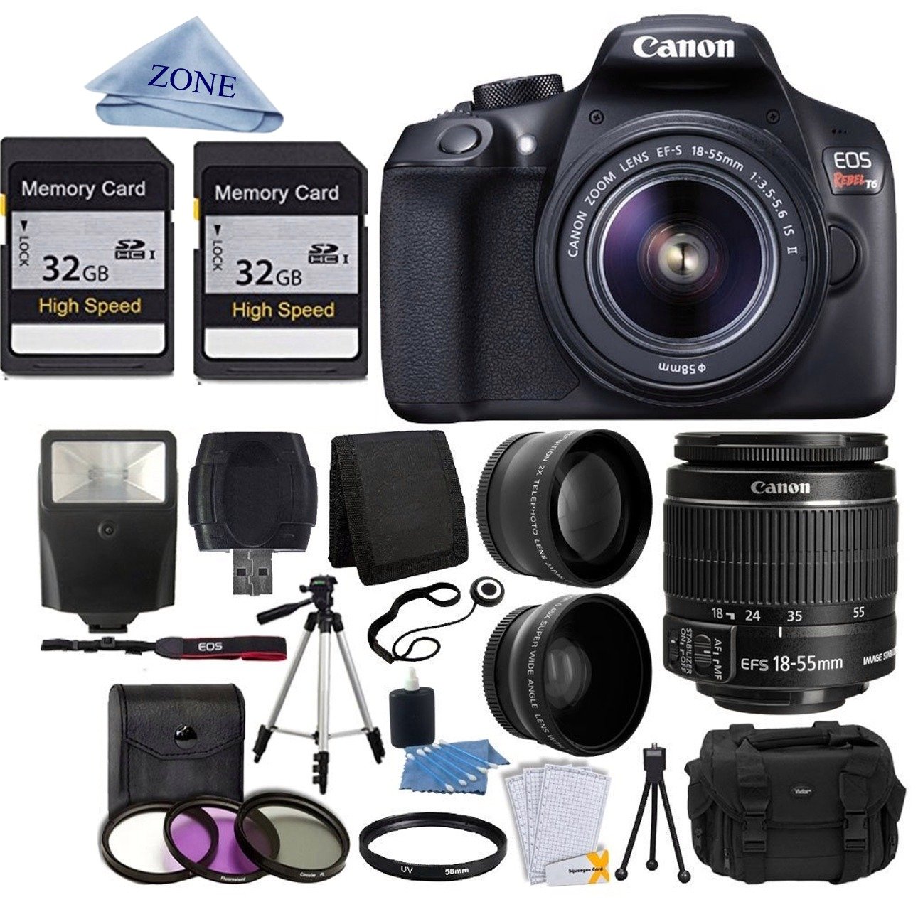 Canon EOS Rebel T6 Digital SLR Camera with 18-55mm EF-S f/3.5-5.6 is II Lens + 58mm Wide Angle Lens + 2X Telephoto Lens + Flash + 64GB SD Memory Card + UV Filter Kit + Tripod + Full Accessory Bundle